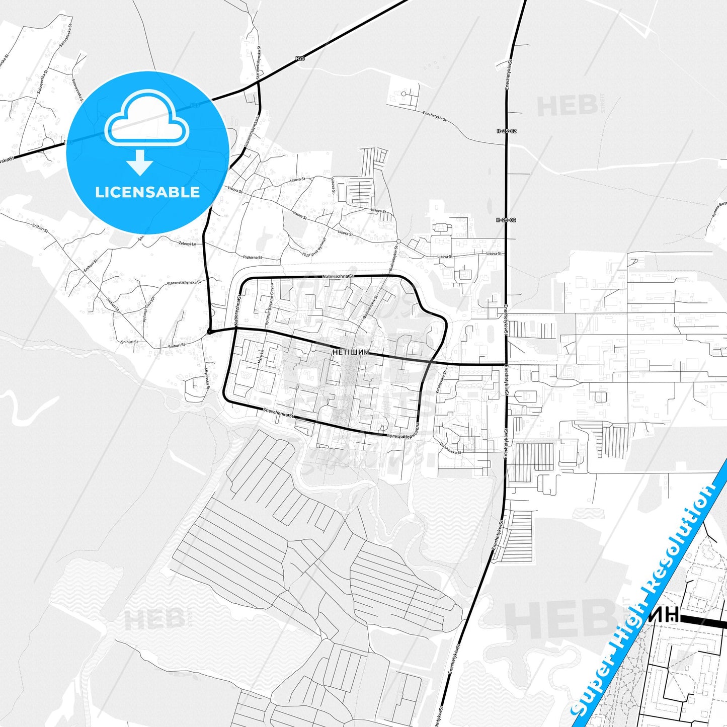 Netishyn, Ukraine Light Map with Street Names, City Names, and Districts