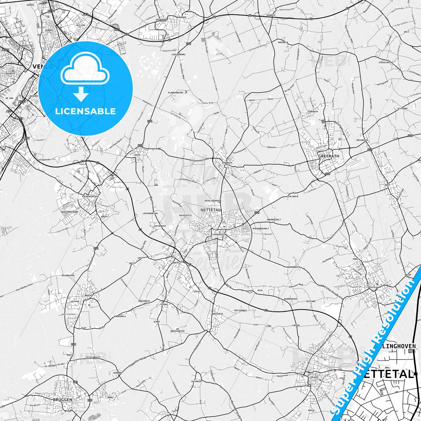 Nettetal, Germany light map with streetnames, citynames and districts