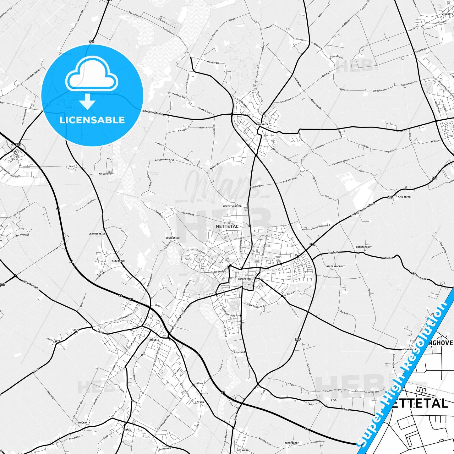 Nettetal, Germany Light Map with Street Names, City Names, and Districts