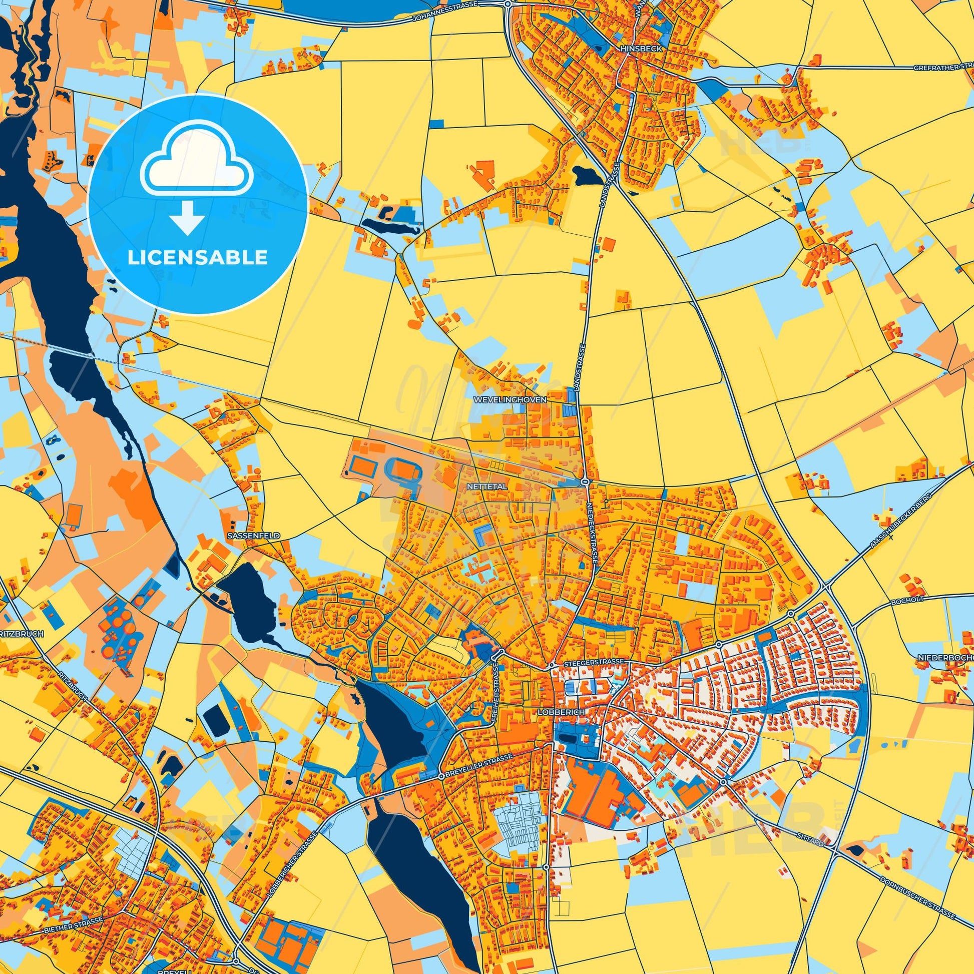 Colorful Nettetal Street Map with Labels and Buildings