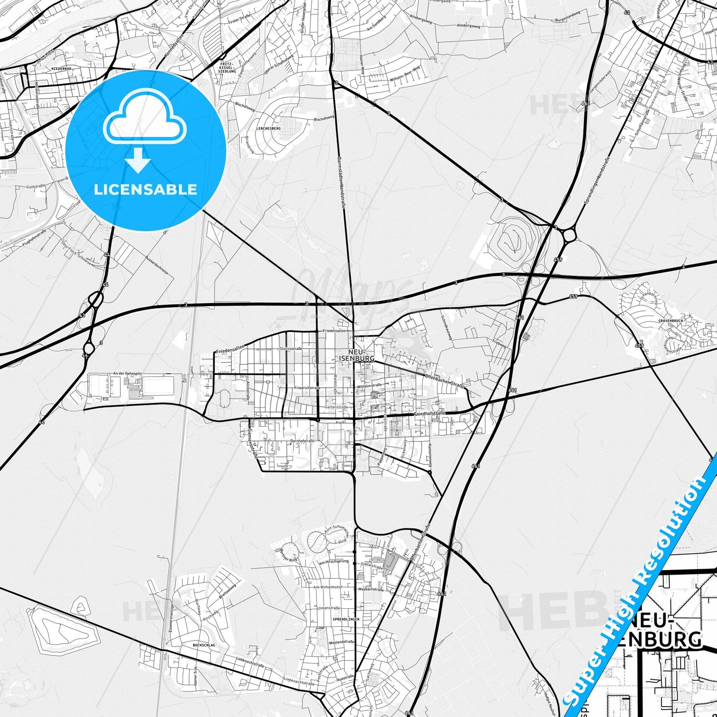 Neu-Isenburg, Germany Light Map with Street Names, City Names, and Districts
