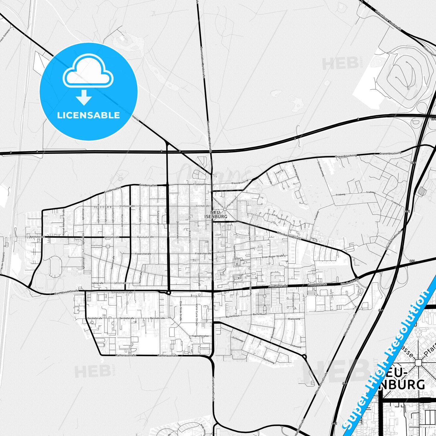 Neu-Isenburg, Germany Light Map with Street Names, City Names, and Districts