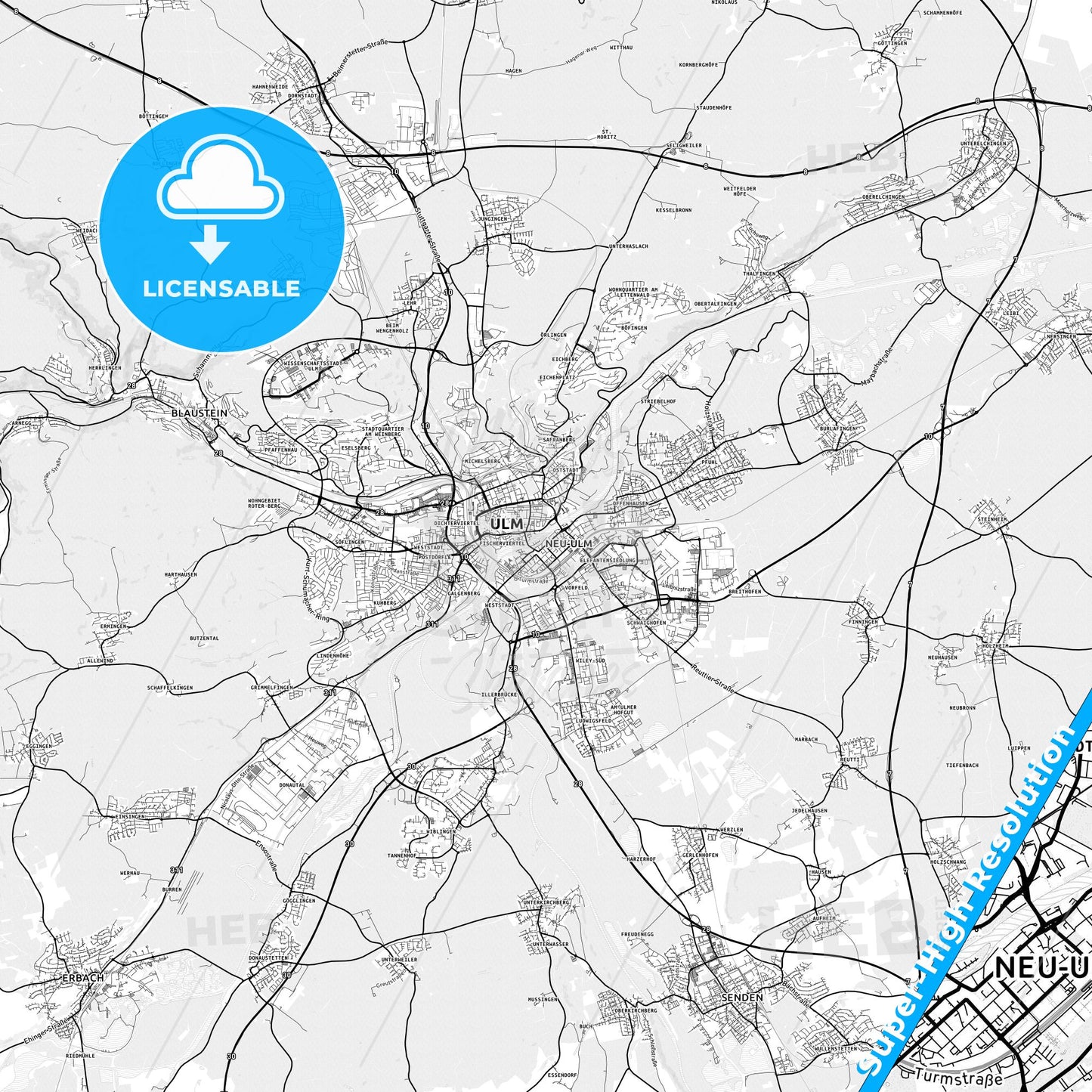Neu-Ulm, Germany light map with streetnames, citynames and districts