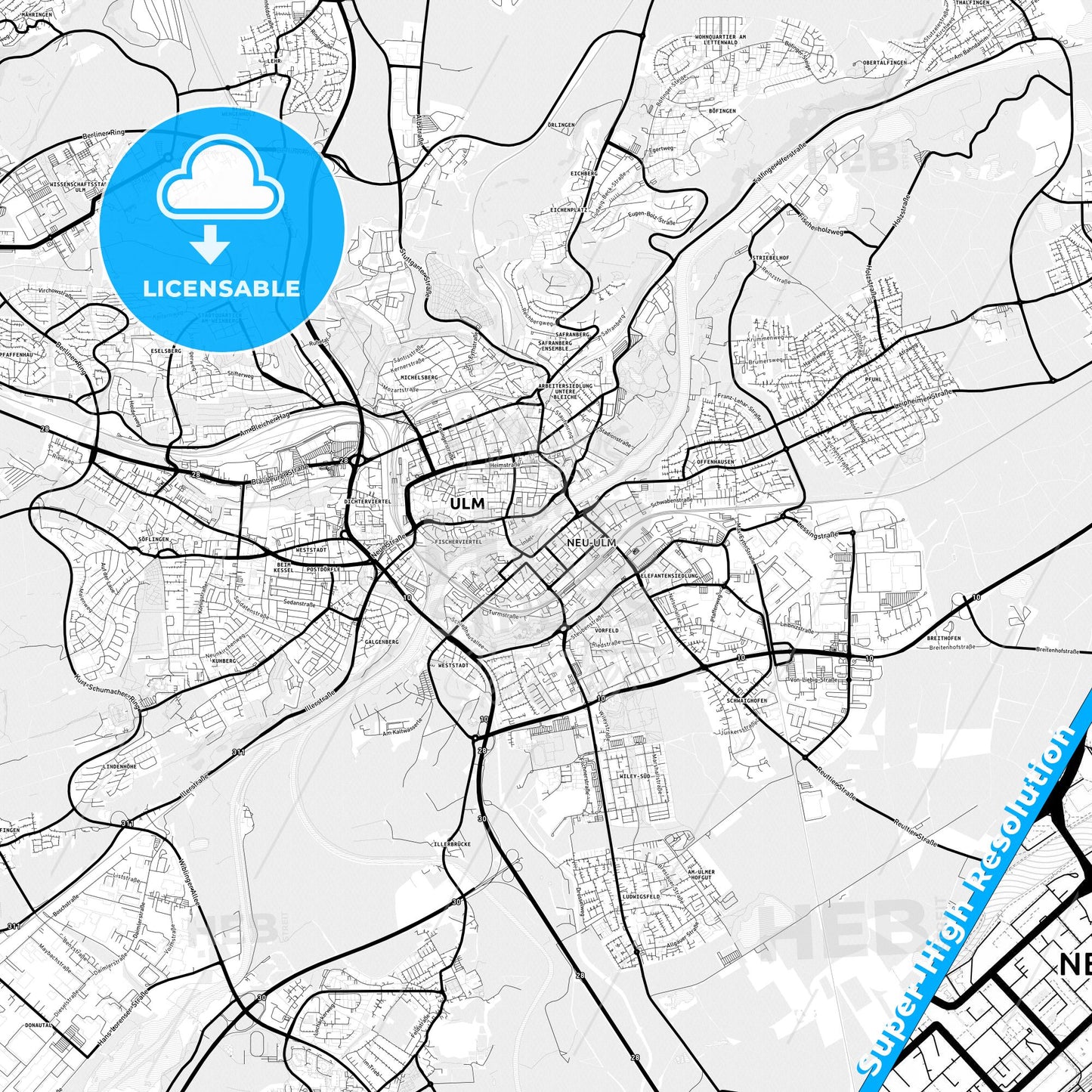 Neu-Ulm, Germany Light Map with Street Names, City Names, and Districts