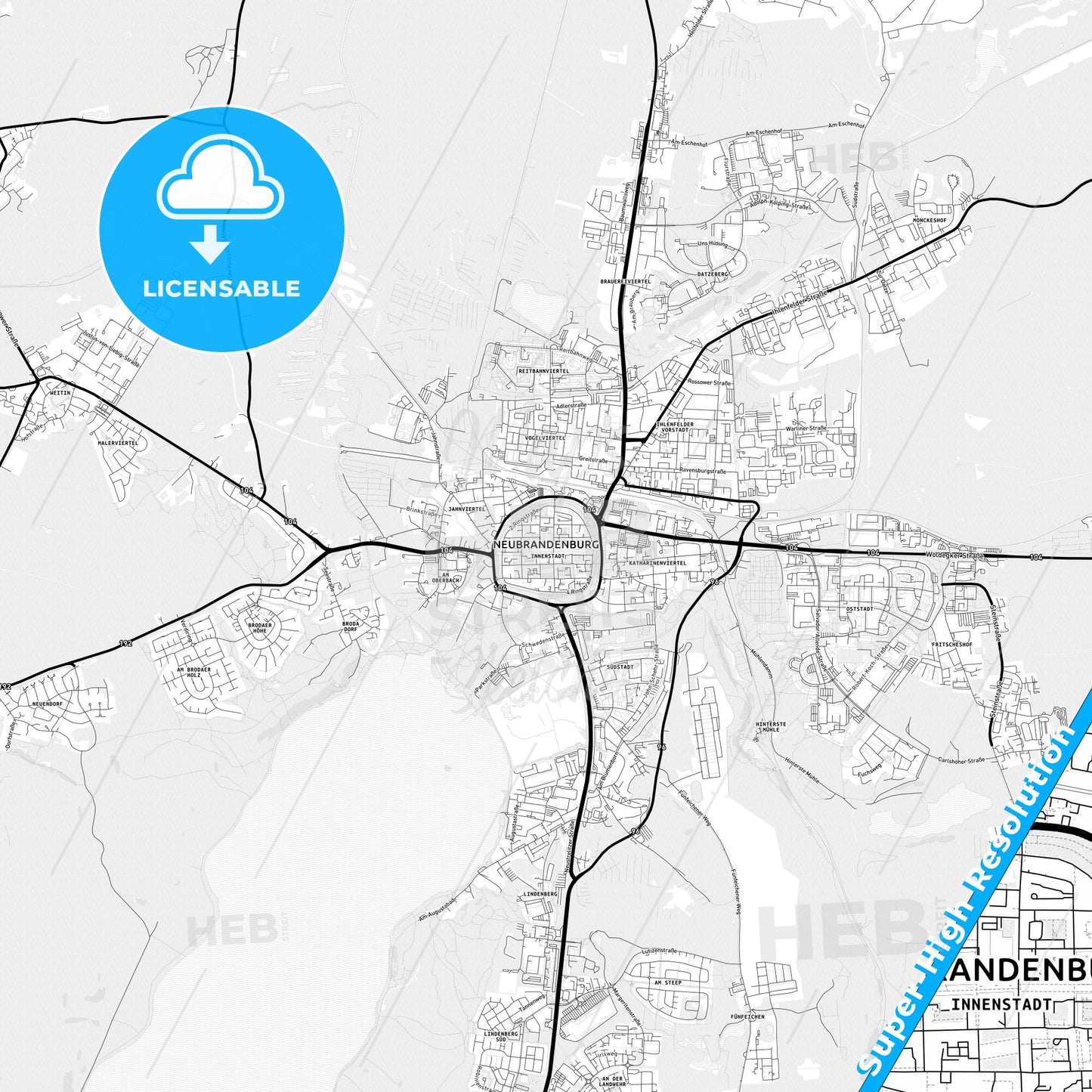 Neubrandenburg, Germany Light Map with Street Names, City Names, and Districts