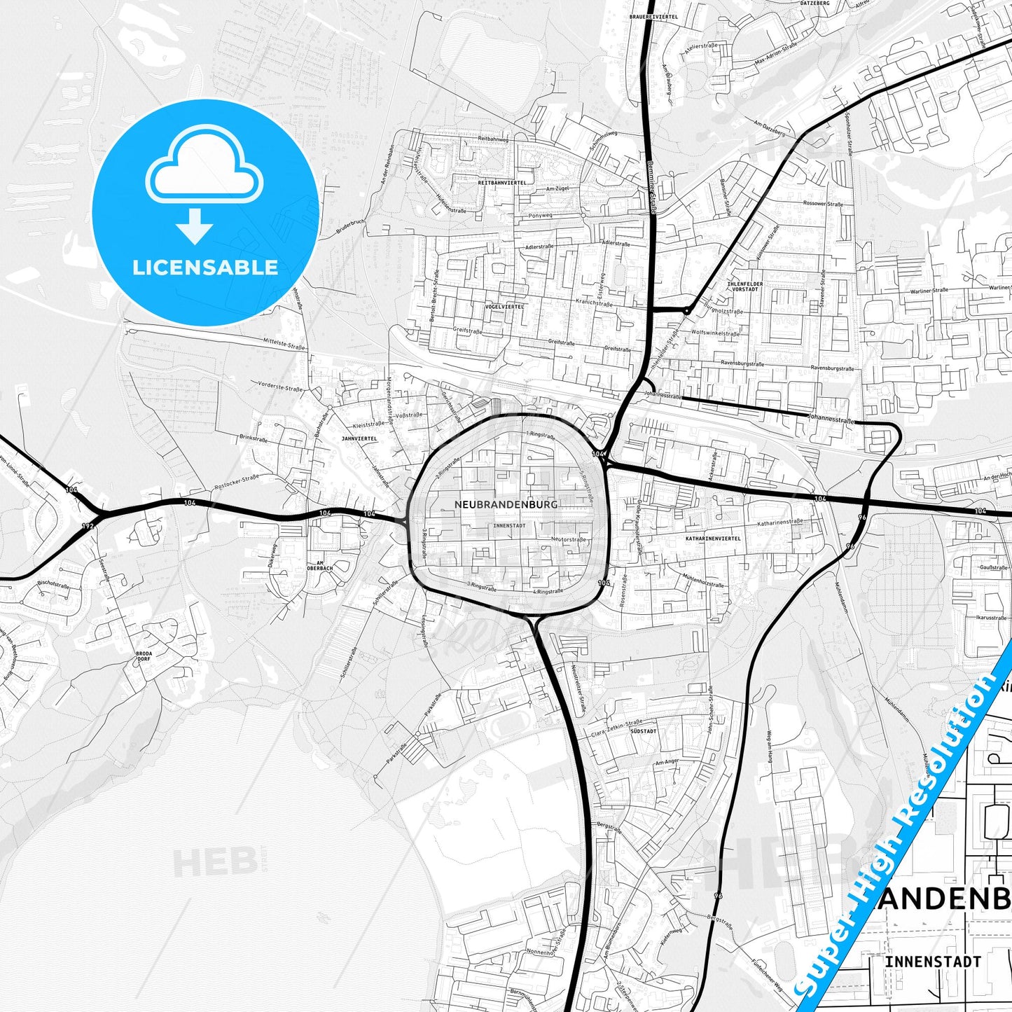 Neubrandenburg, Germany Light Map with Street Names, City Names, and Districts
