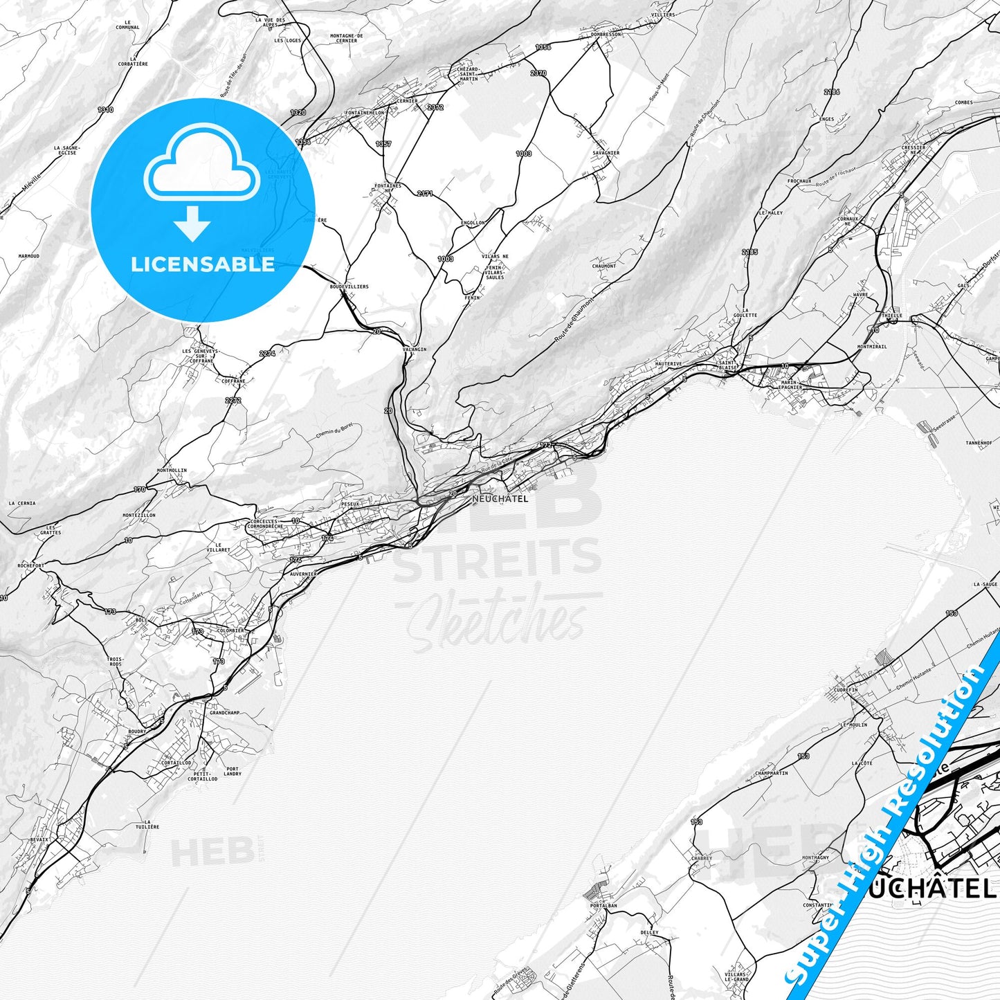 Neuchâtel, Switzerland light map with streetnames, citynames and districts