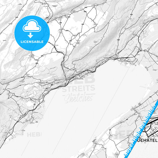 Neuchâtel, Switzerland light map with streetnames, citynames and districts