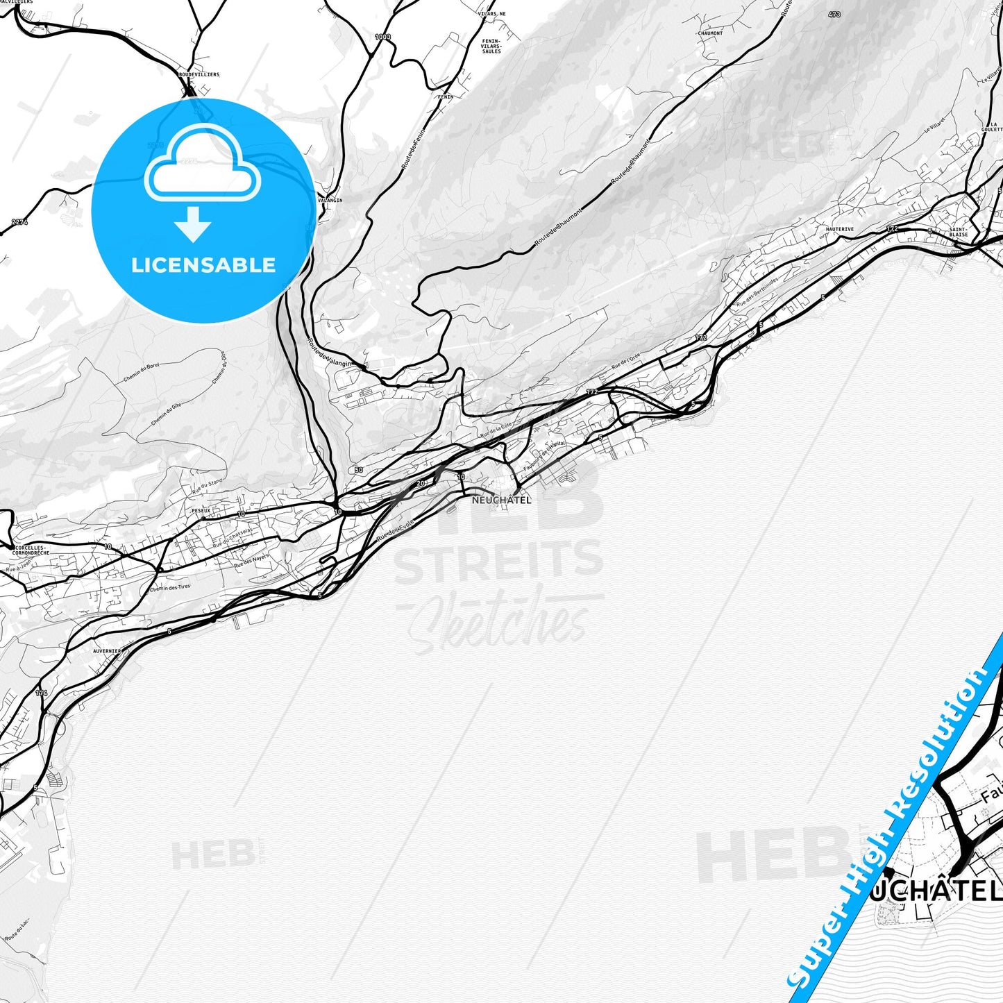 Neuchâtel, Switzerland Light Map with Street Names, City Names, and Districts