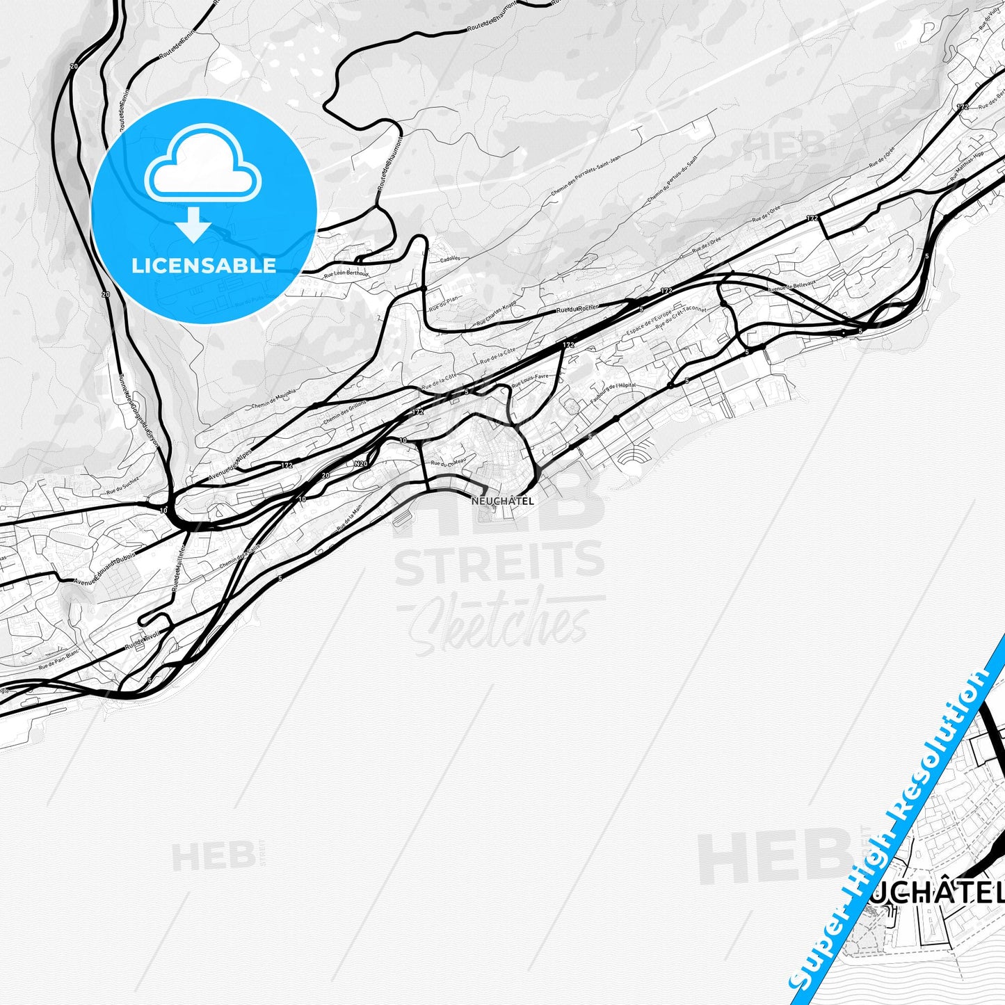Neuchâtel, Switzerland Light Map with Street Names, City Names, and Districts