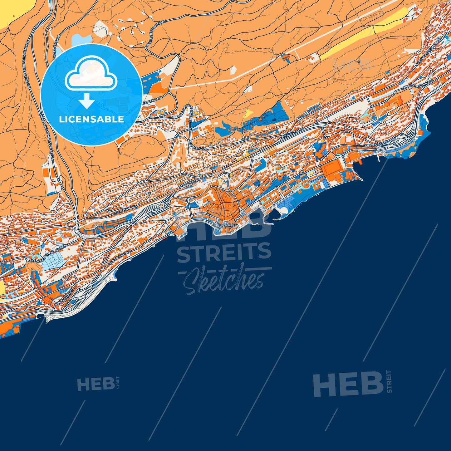 Colorful Neuchâtel Street Map with Labels and Buildings