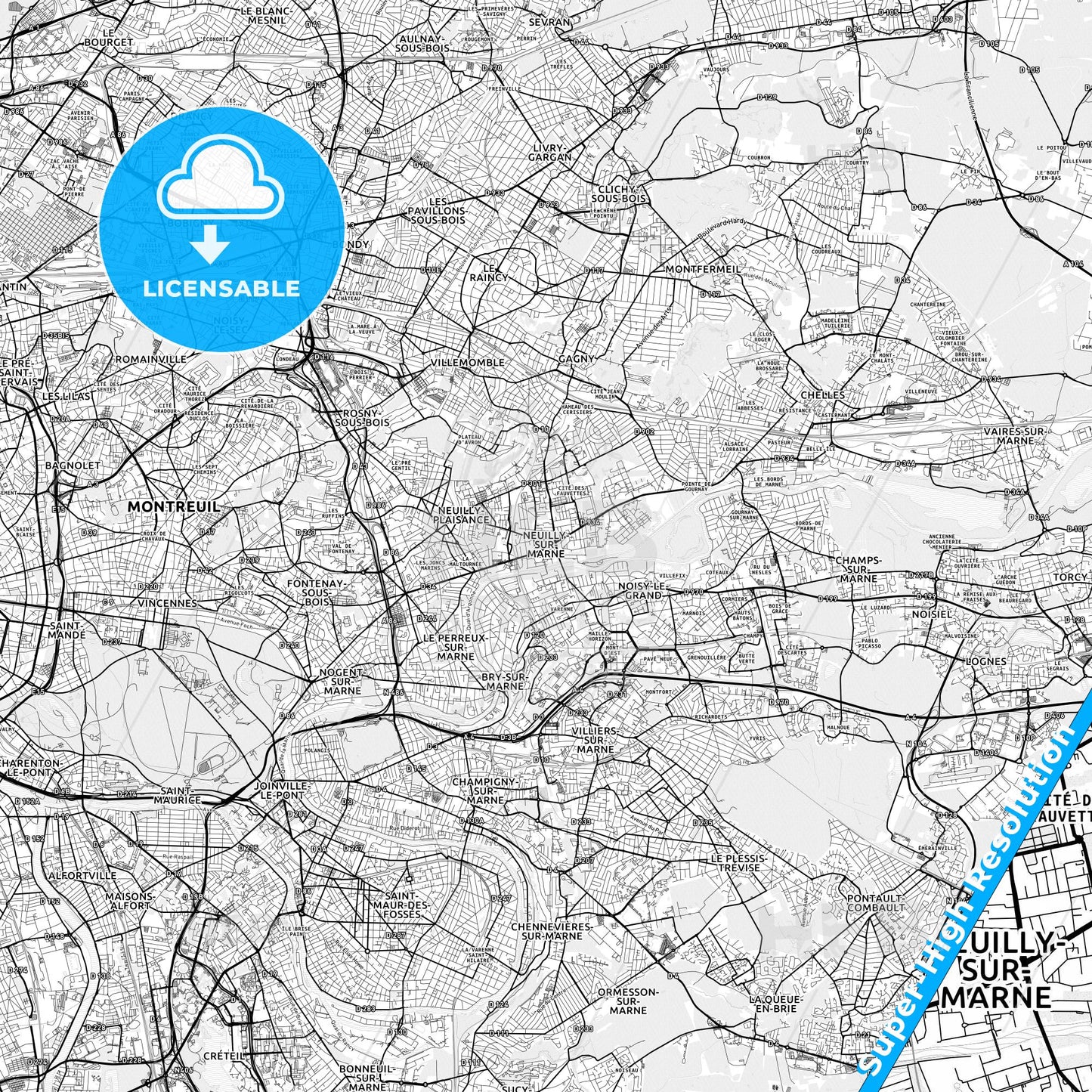 Neuilly-sur-Marne, France light map with streetnames, citynames and districts