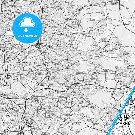 Neuilly-sur-Marne, France light map with streetnames, citynames and districts