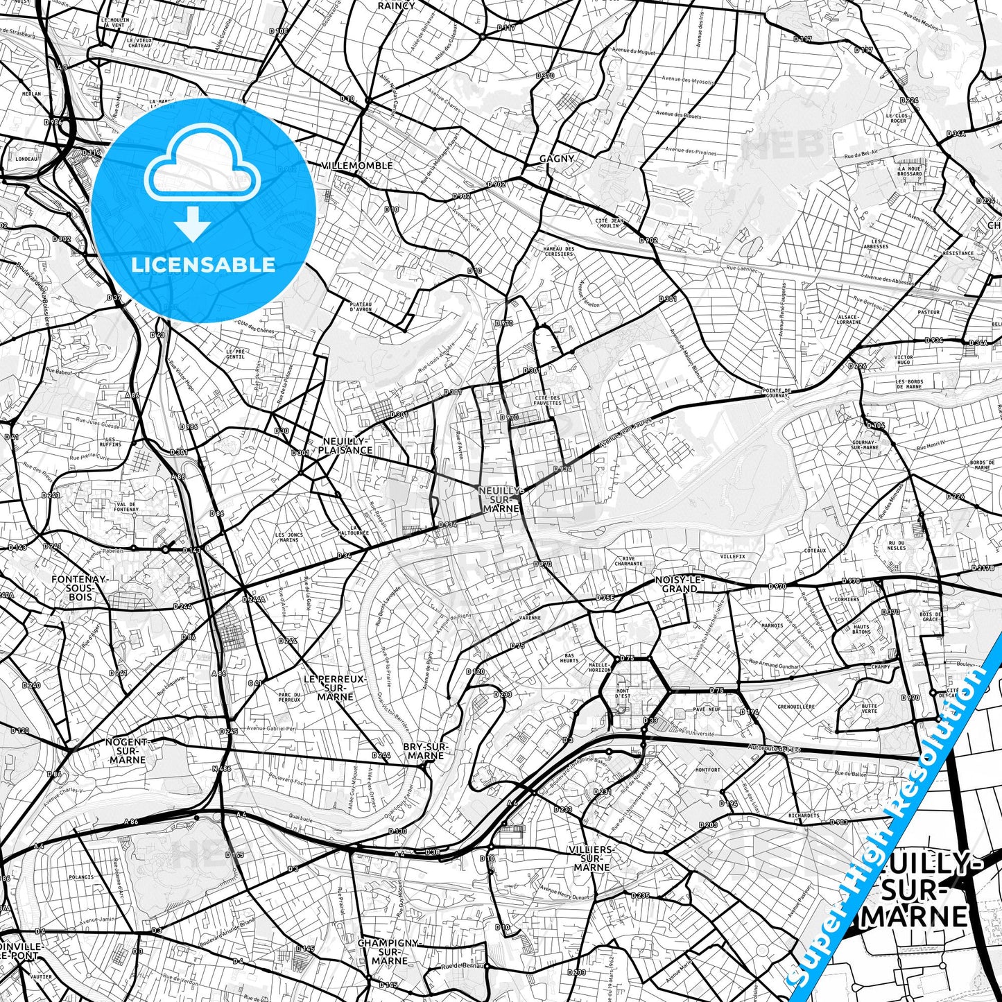 Neuilly-sur-Marne, France Light Map with Street Names, City Names, and Districts