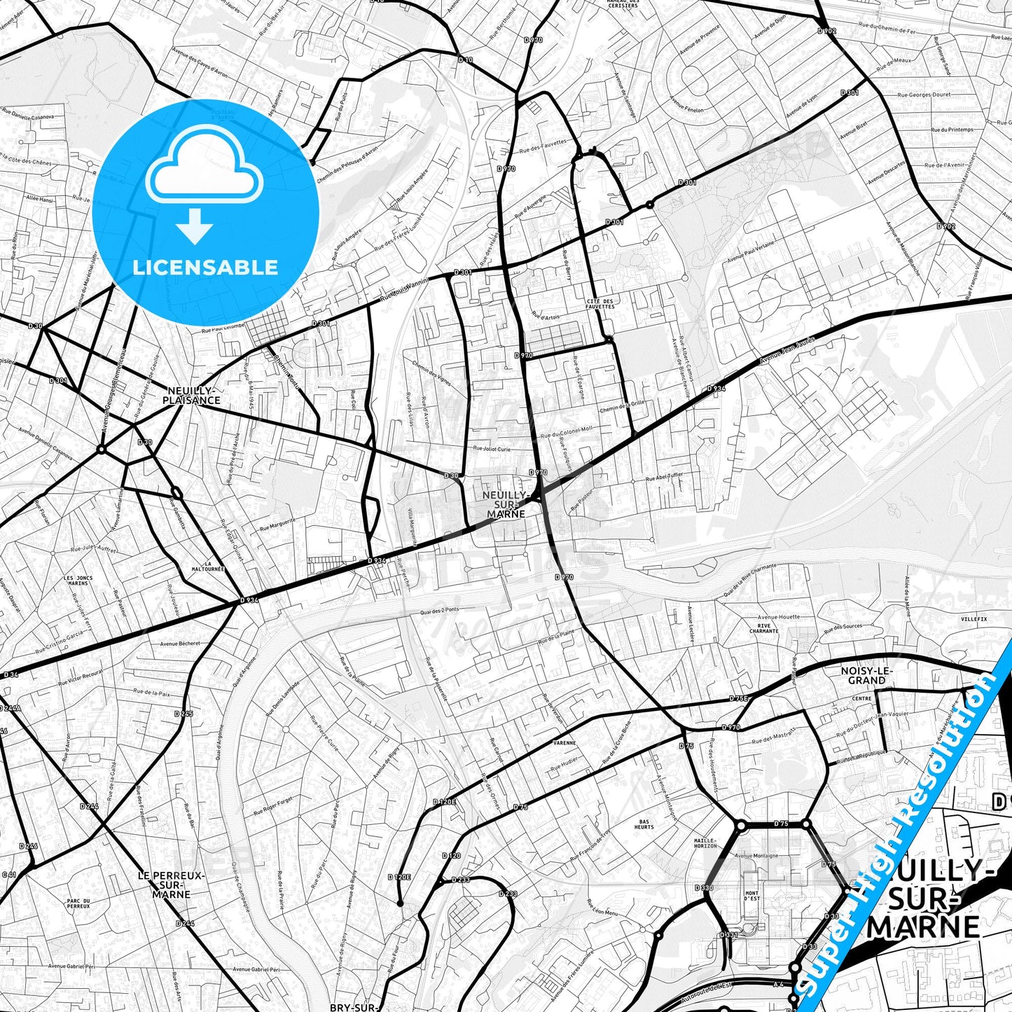 Neuilly-sur-Marne, France Light Map with Street Names, City Names, and Districts