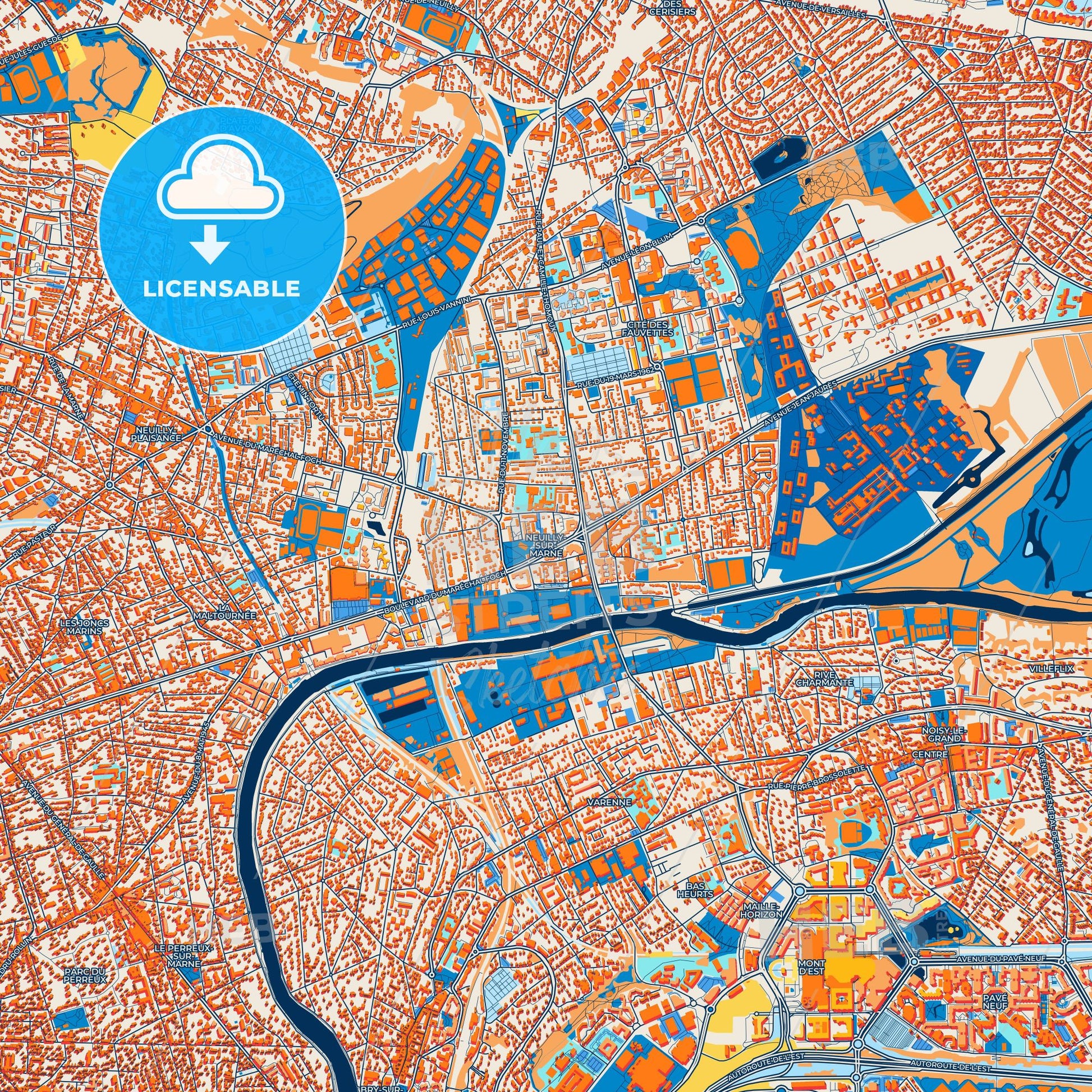Colorful Neuilly-sur-Marne Street Map with Labels and Buildings