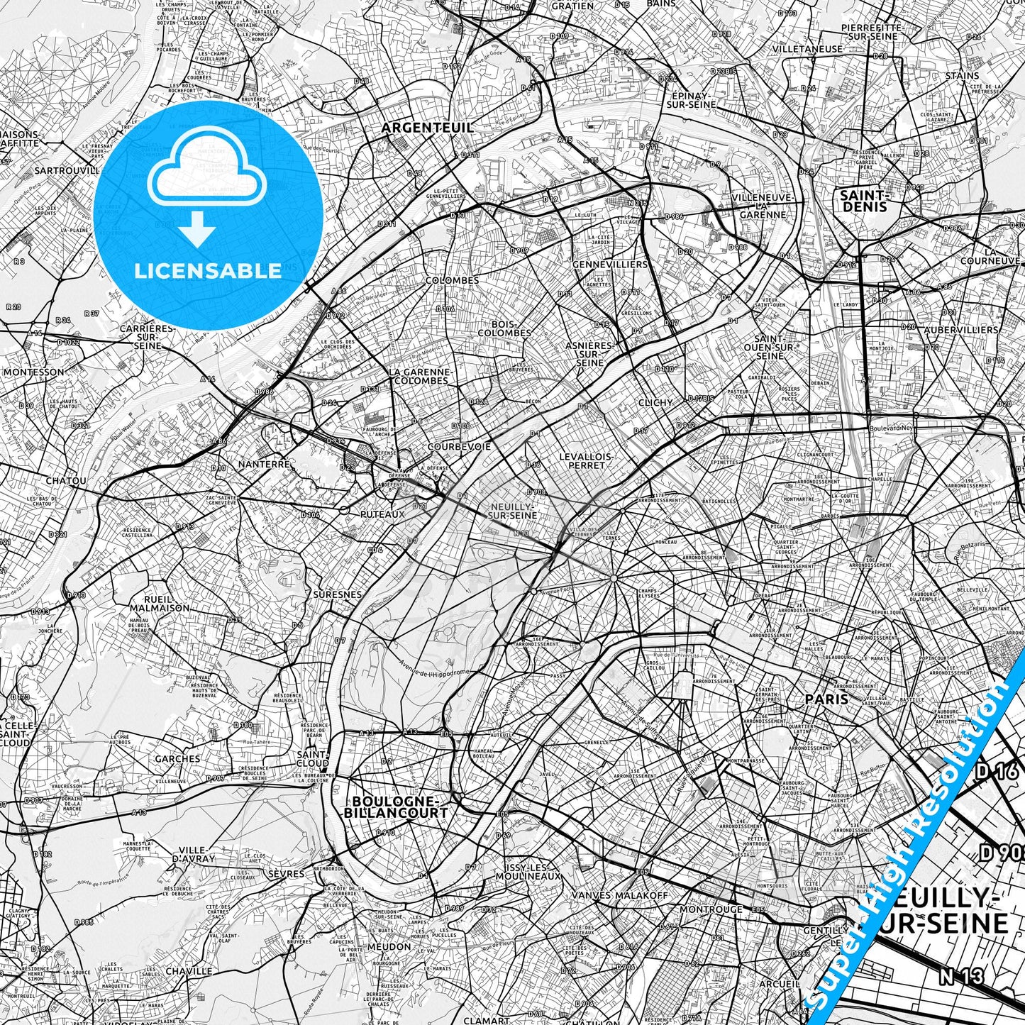 Neuilly-sur-Seine, France light map with streetnames, citynames and districts