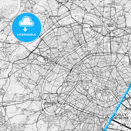 Neuilly-sur-Seine, France light map with streetnames, citynames and districts
