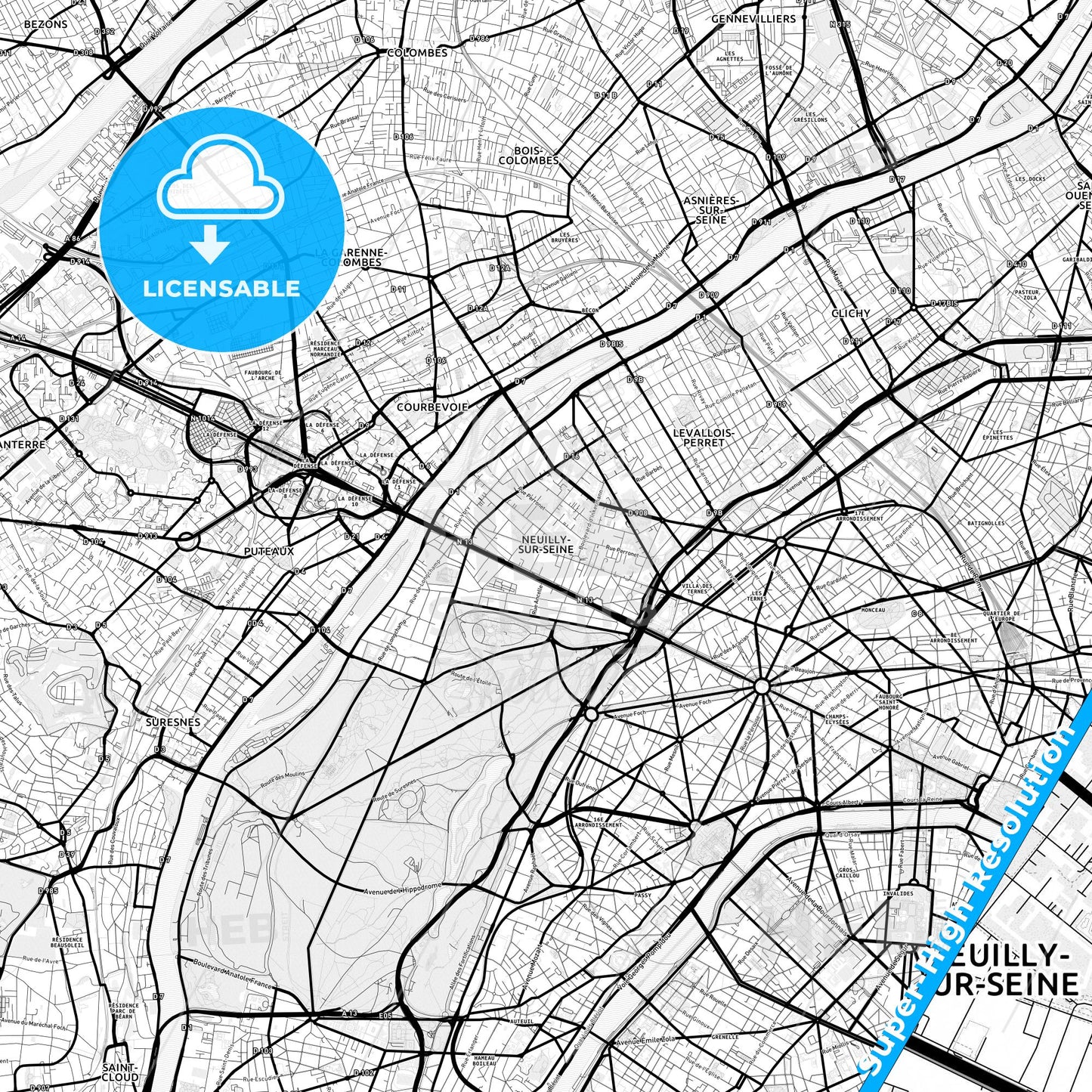 Neuilly-sur-Seine, France Light Map with Street Names, City Names, and Districts