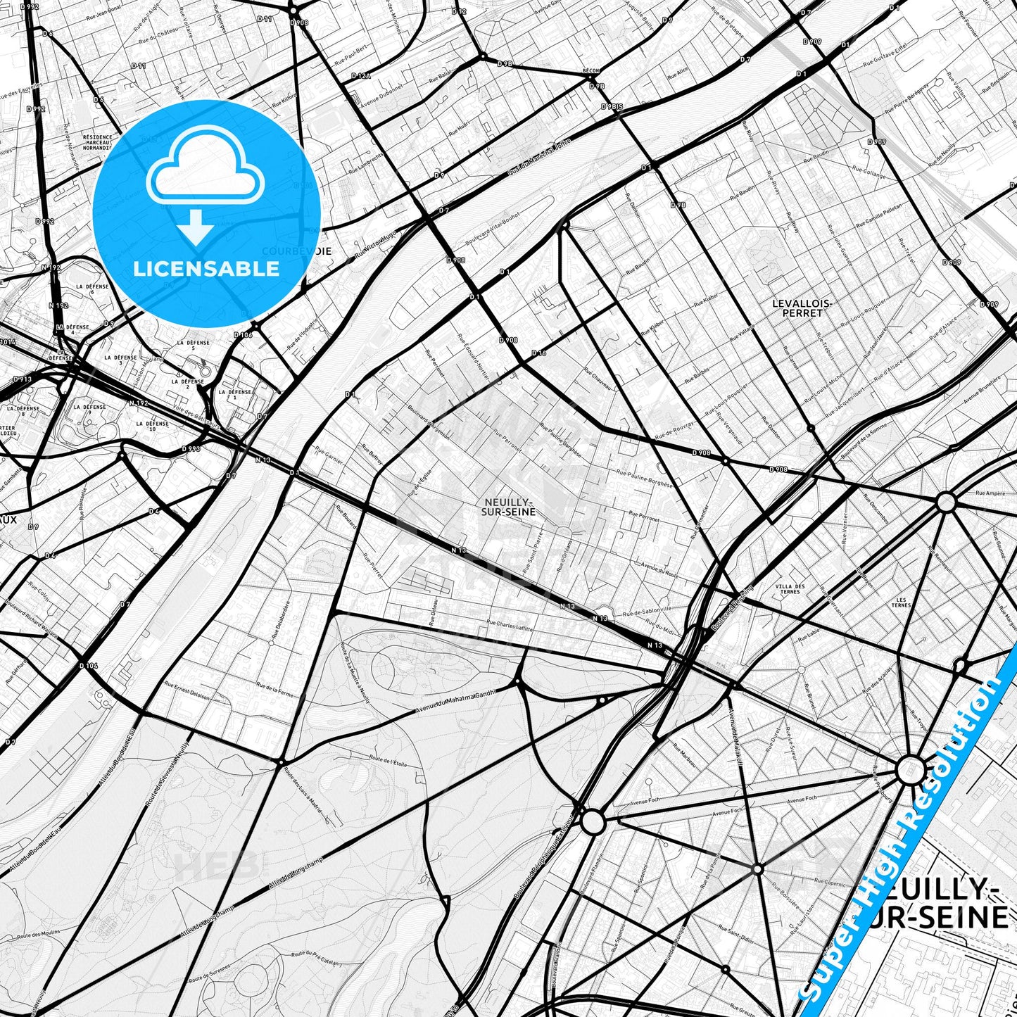 Neuilly-sur-Seine, France Light Map with Street Names, City Names, and Districts