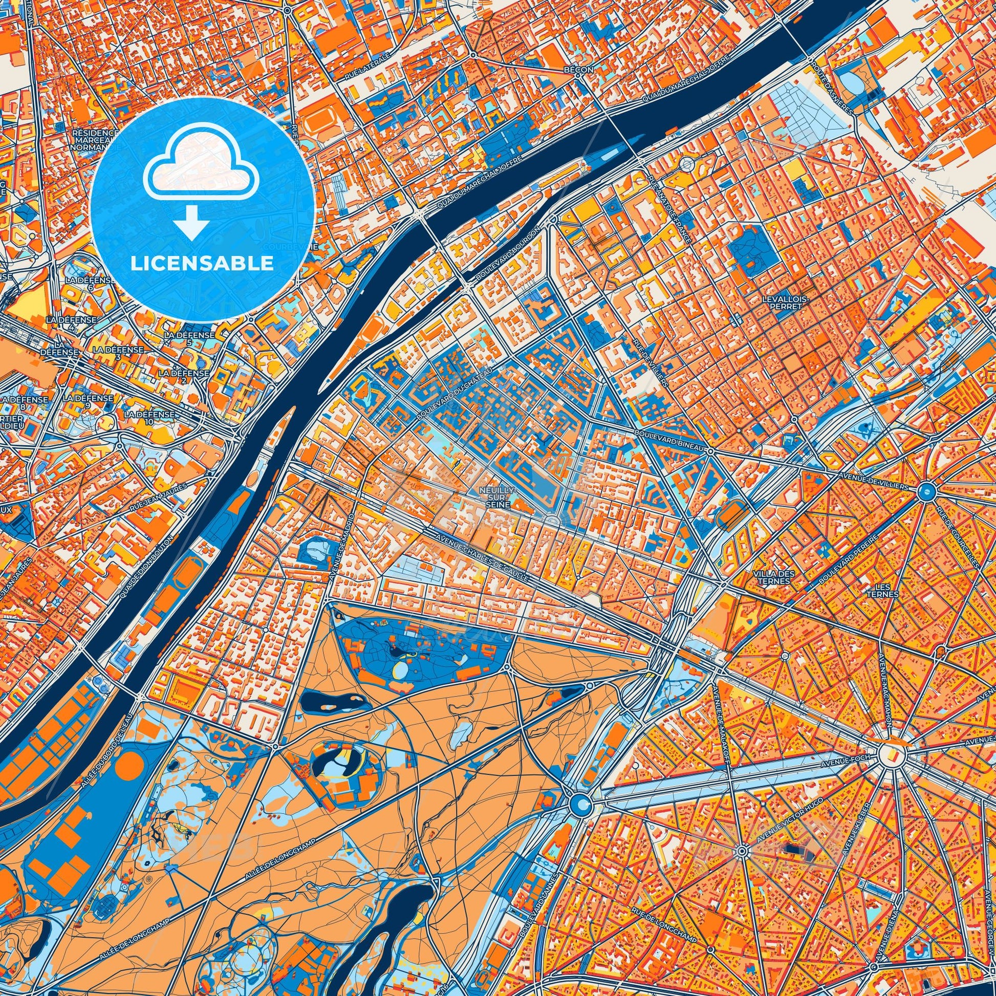 Colorful Neuilly-sur-Seine Street Map with Labels and Buildings