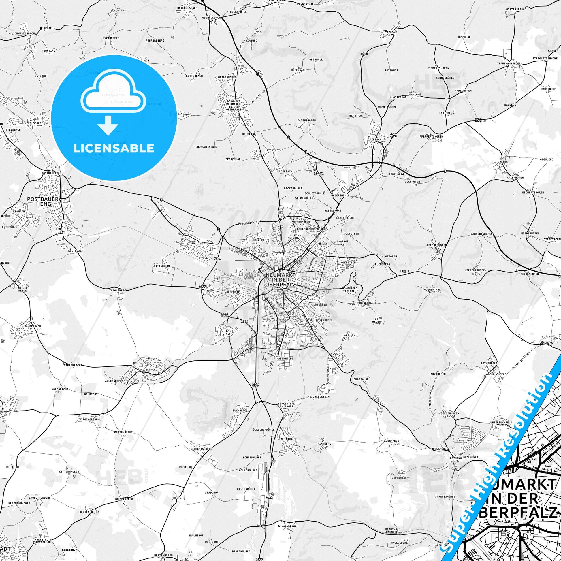 Neumarkt in der Oberpfalz, Germany light map with streetnames, citynames and districts