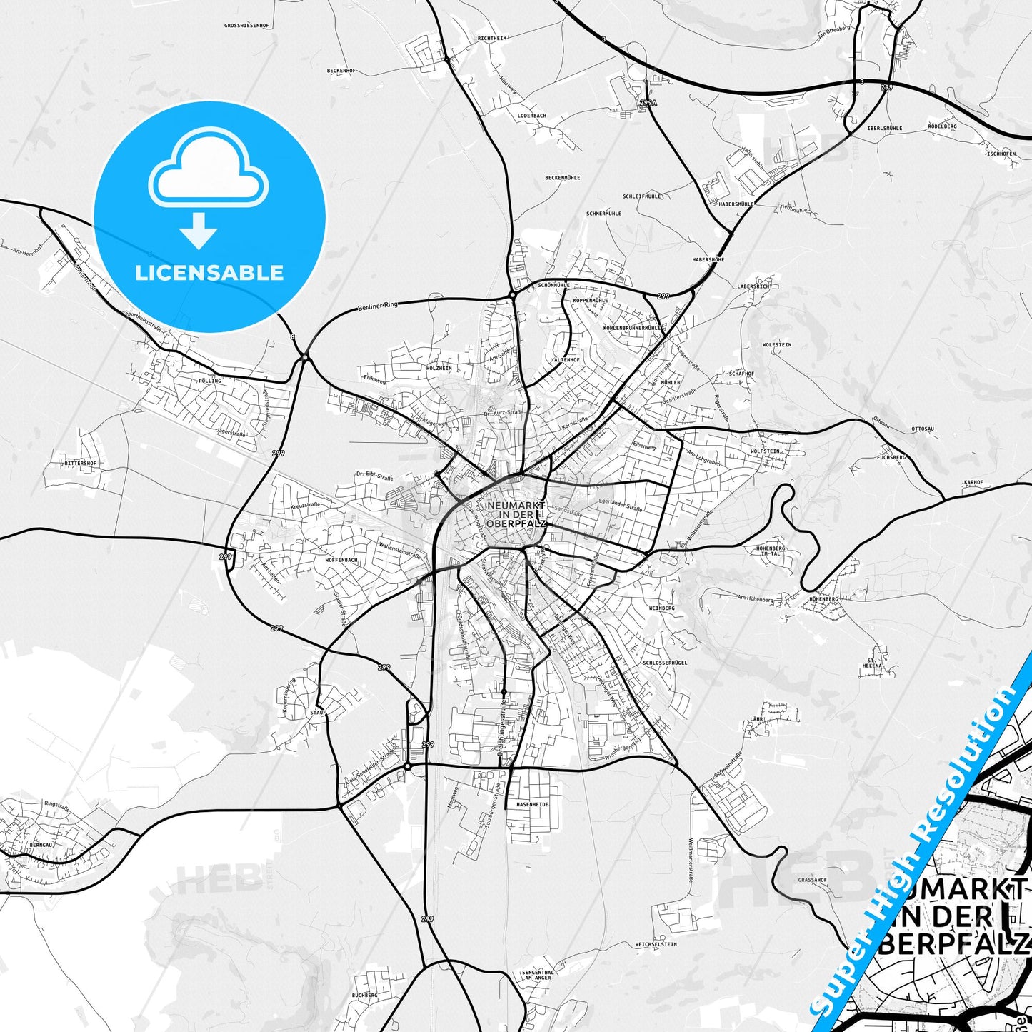 Neumarkt in der Oberpfalz, Germany Light Map with Street Names, City Names, and Districts