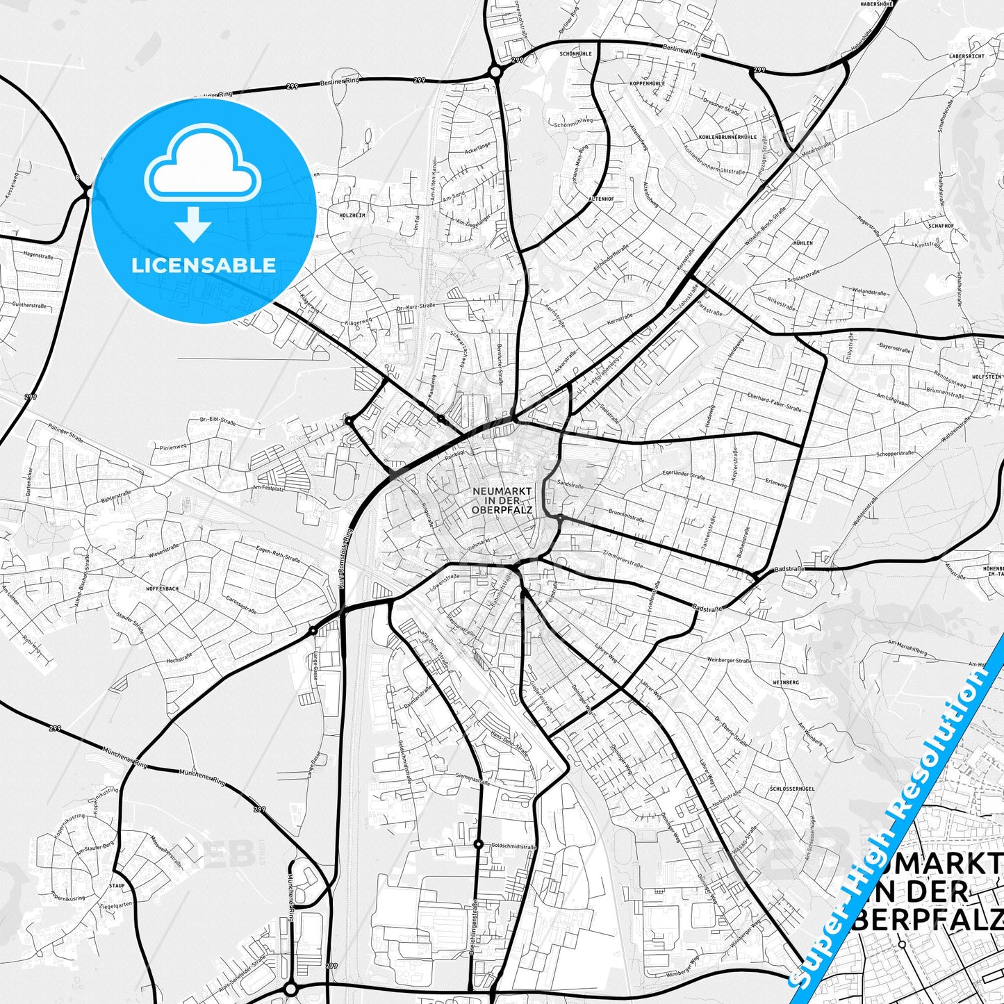 Neumarkt in der Oberpfalz, Germany Light Map with Street Names, City Names, and Districts