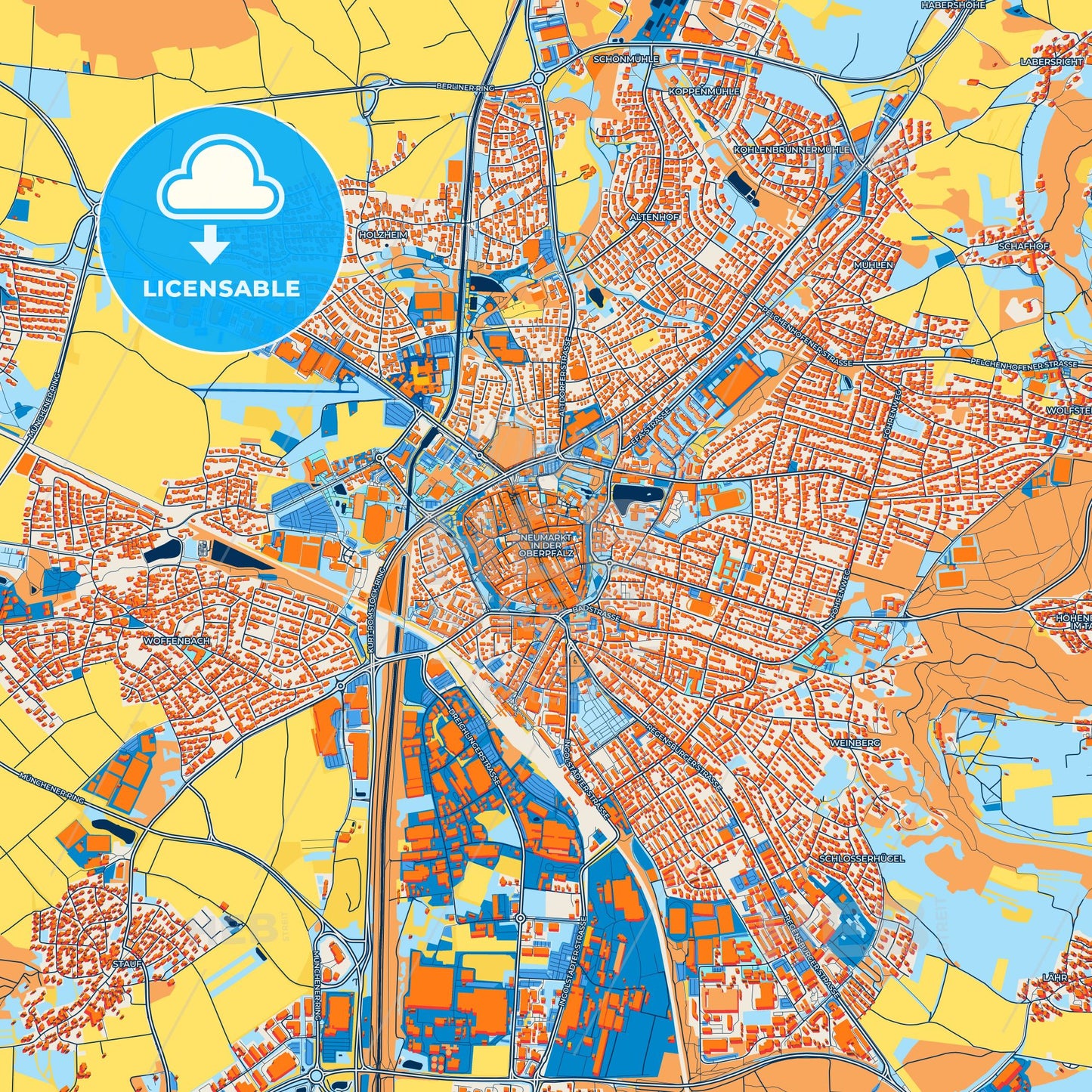 Colorful Neumarkt in der Oberpfalz Street Map with Labels and Buildings