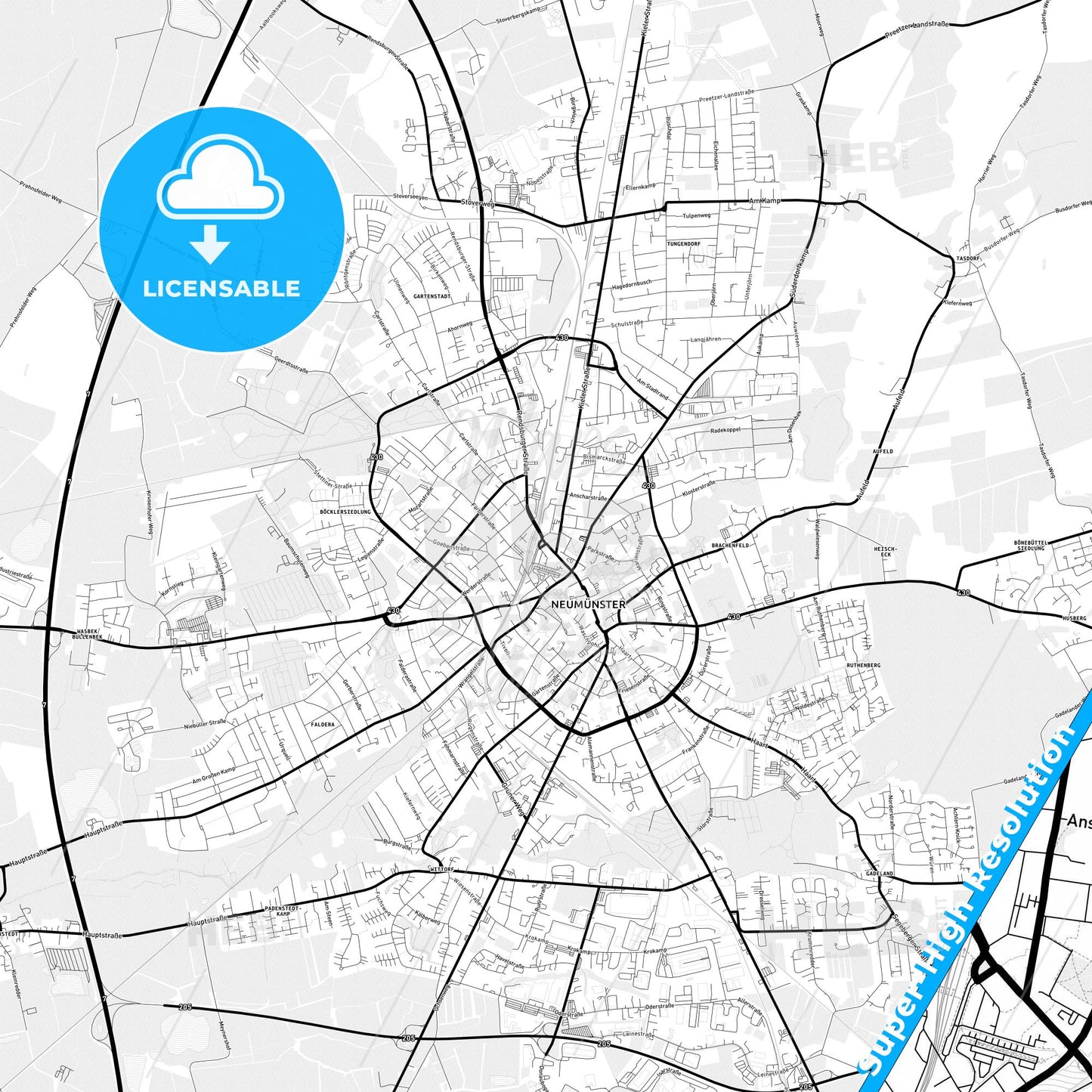 Neumunster, Germany Light Map with Street Names, City Names, and Districts