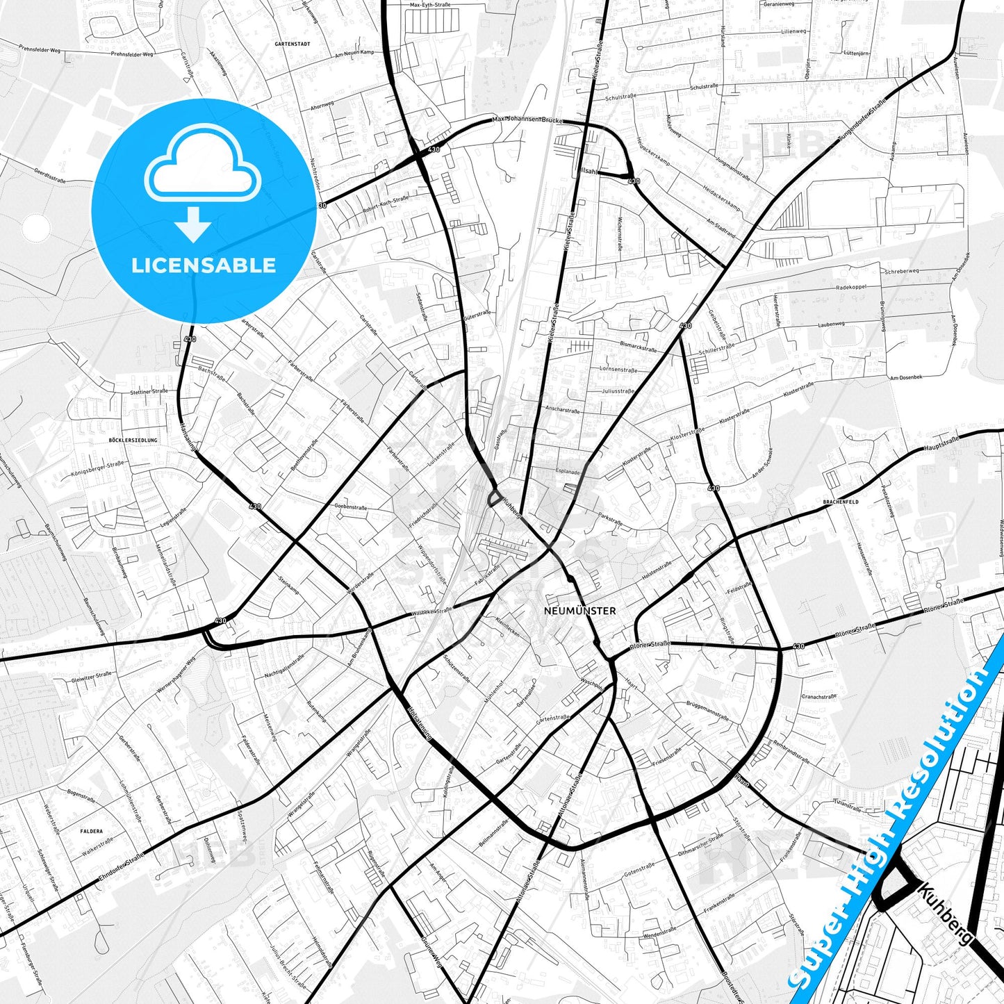 Neumunster, Germany Light Map with Street Names, City Names, and Districts