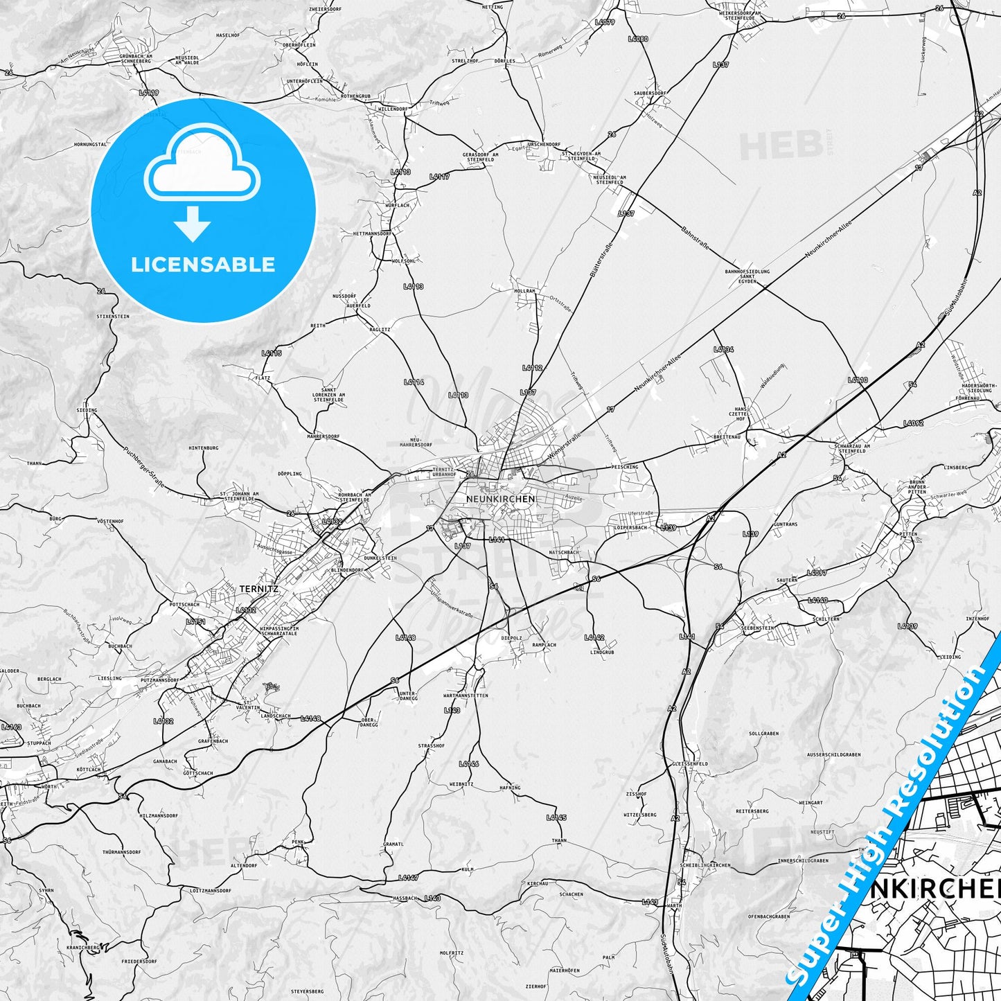 Neunkirchen, Austria light map with streetnames, citynames and districts