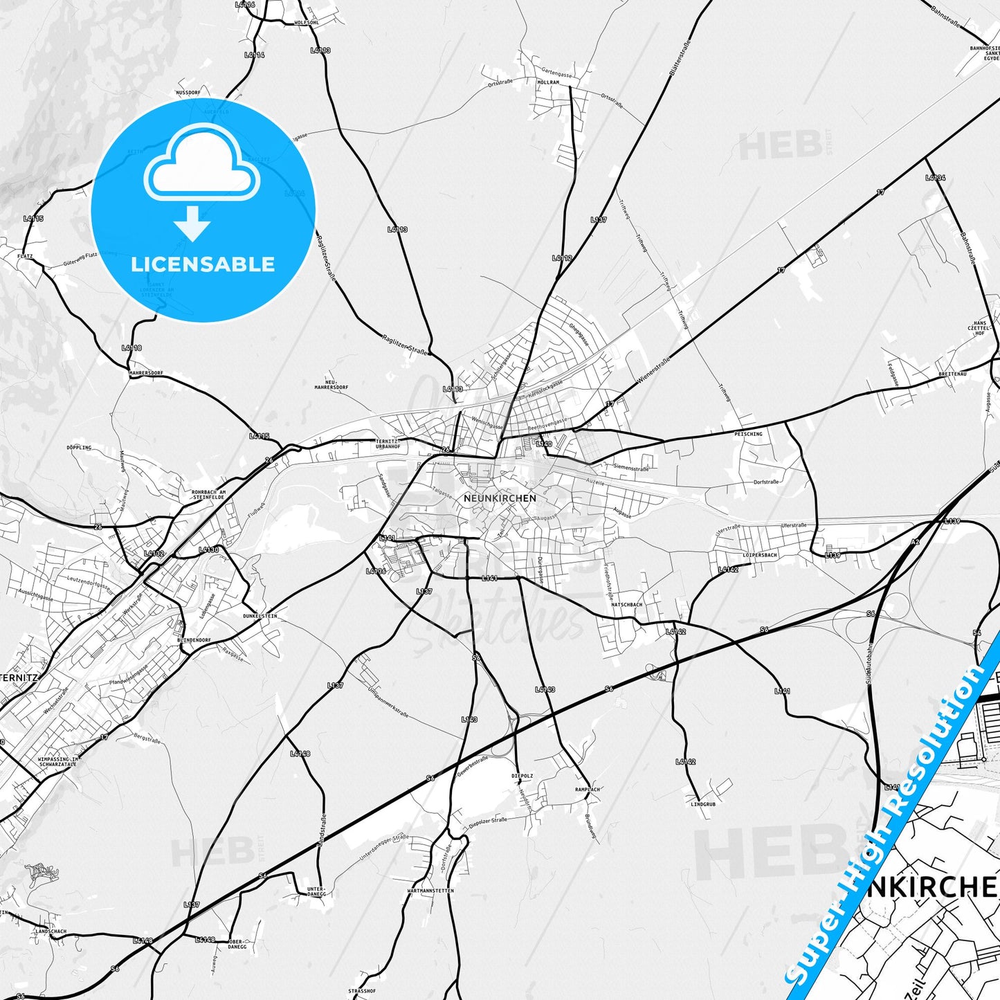 Neunkirchen, Austria Light Map with Street Names, City Names, and Districts