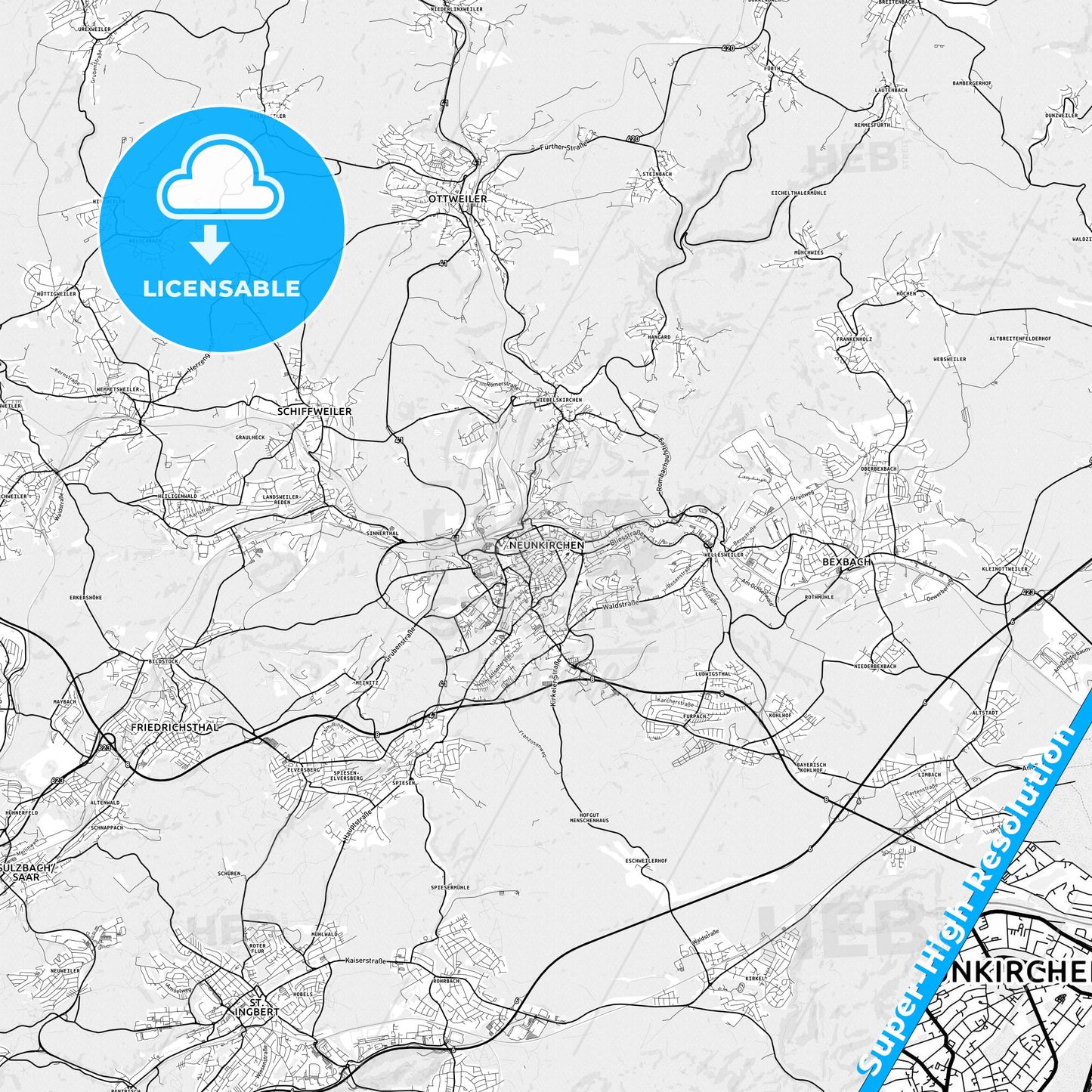 Neunkirchen, Germany light map with streetnames, citynames and districts