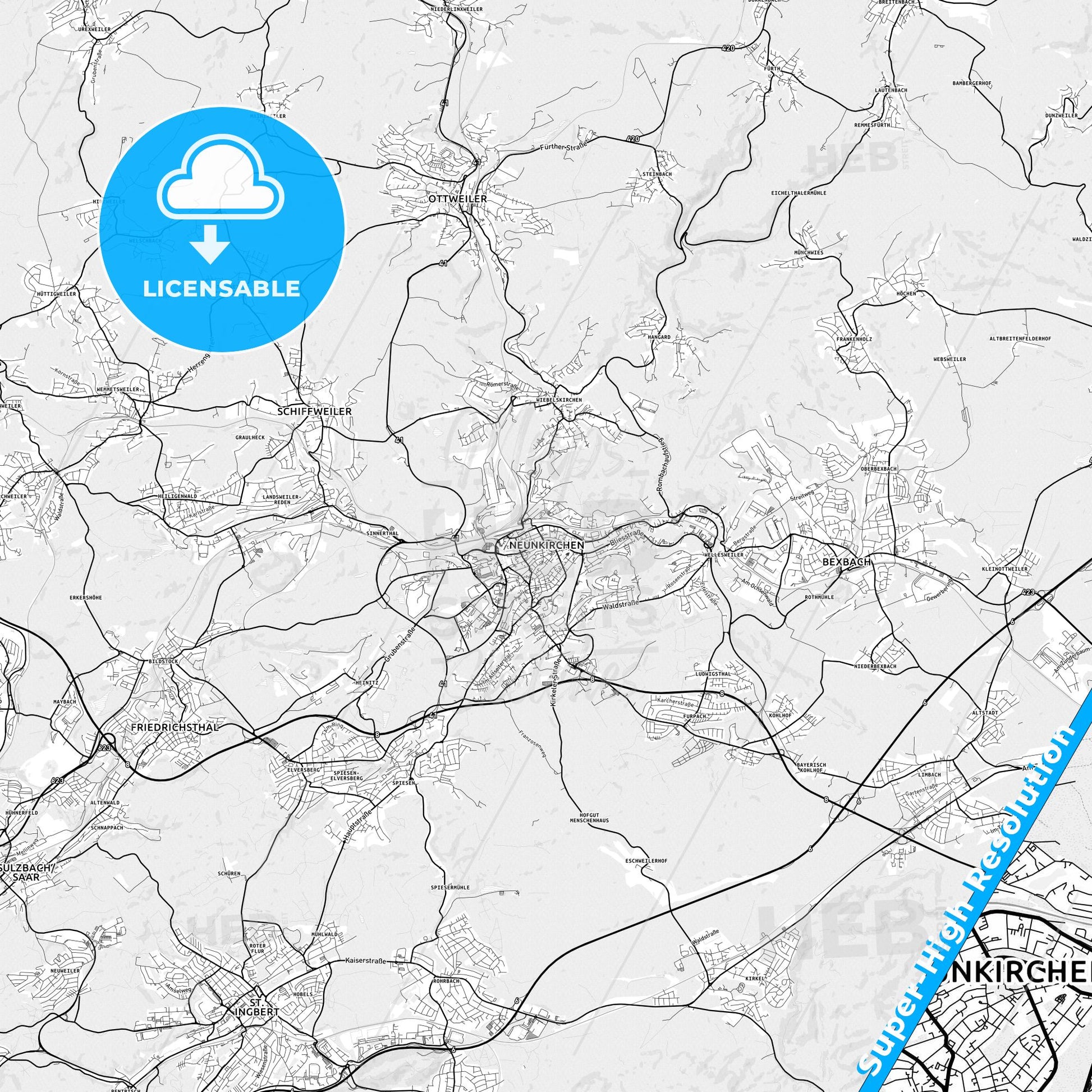 Neunkirchen, Germany light map with streetnames, citynames and districts