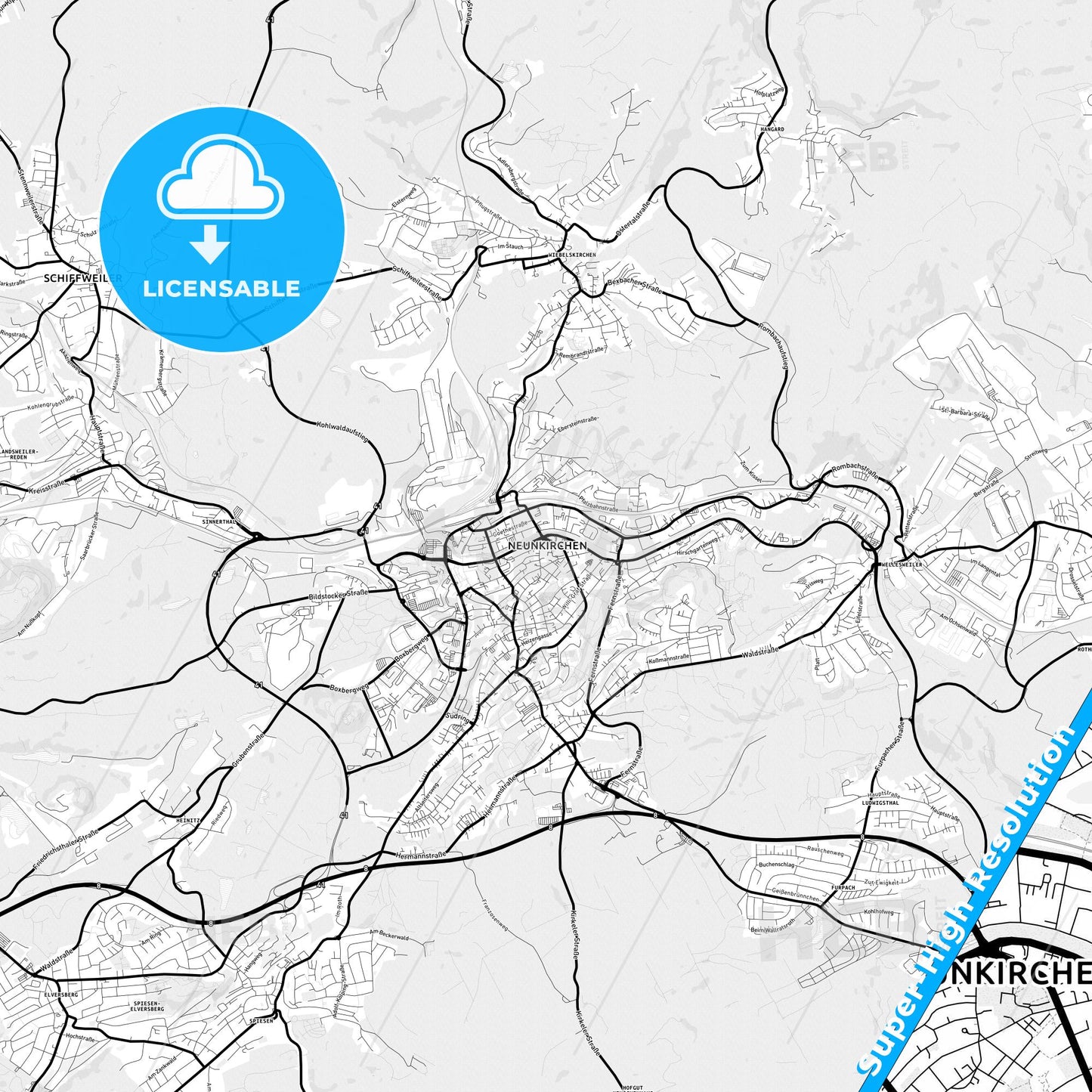 Neunkirchen, Germany Light Map with Street Names, City Names, and Districts