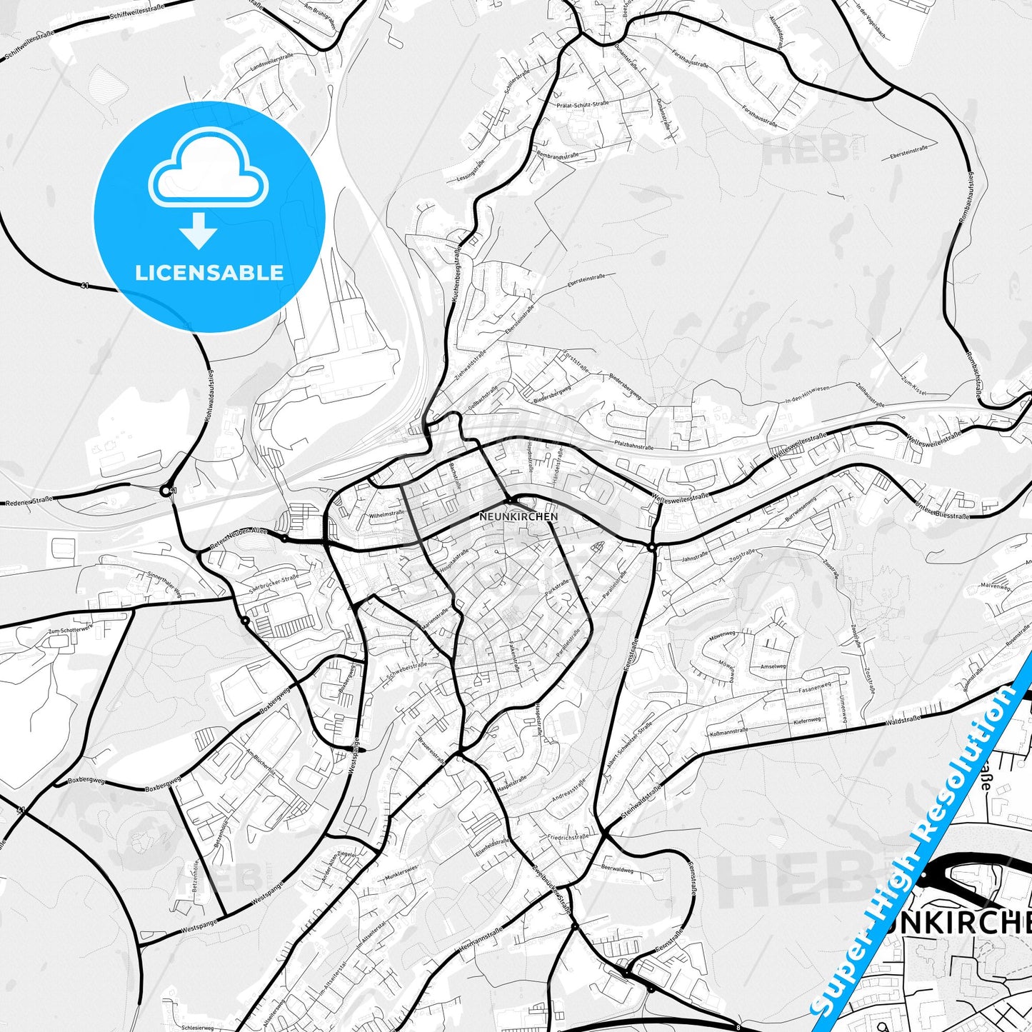 Neunkirchen, Germany Light Map with Street Names, City Names, and Districts