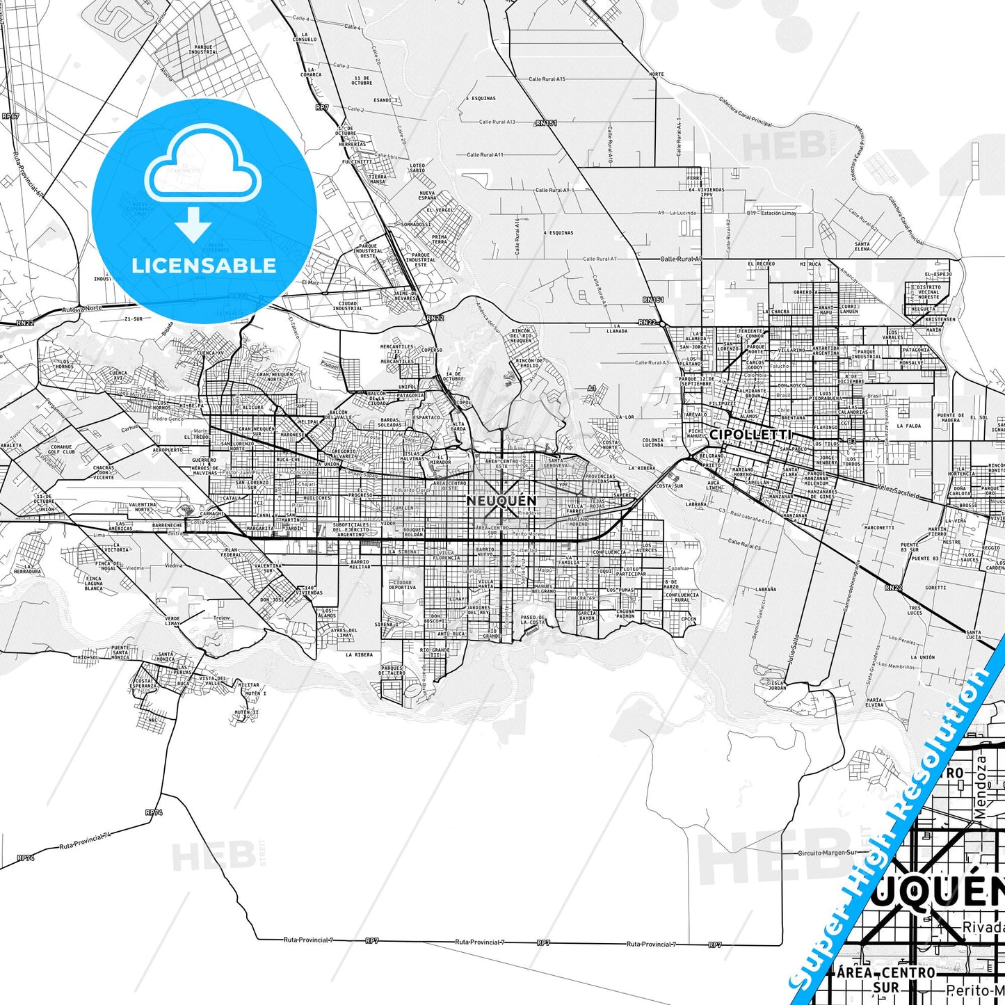 Neuquen, Argentina light map with streetnames, citynames and districts