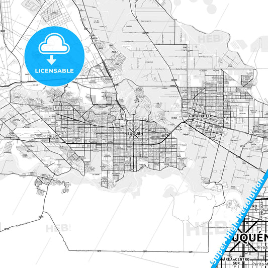 Neuquen, Argentina light map with streetnames, citynames and districts