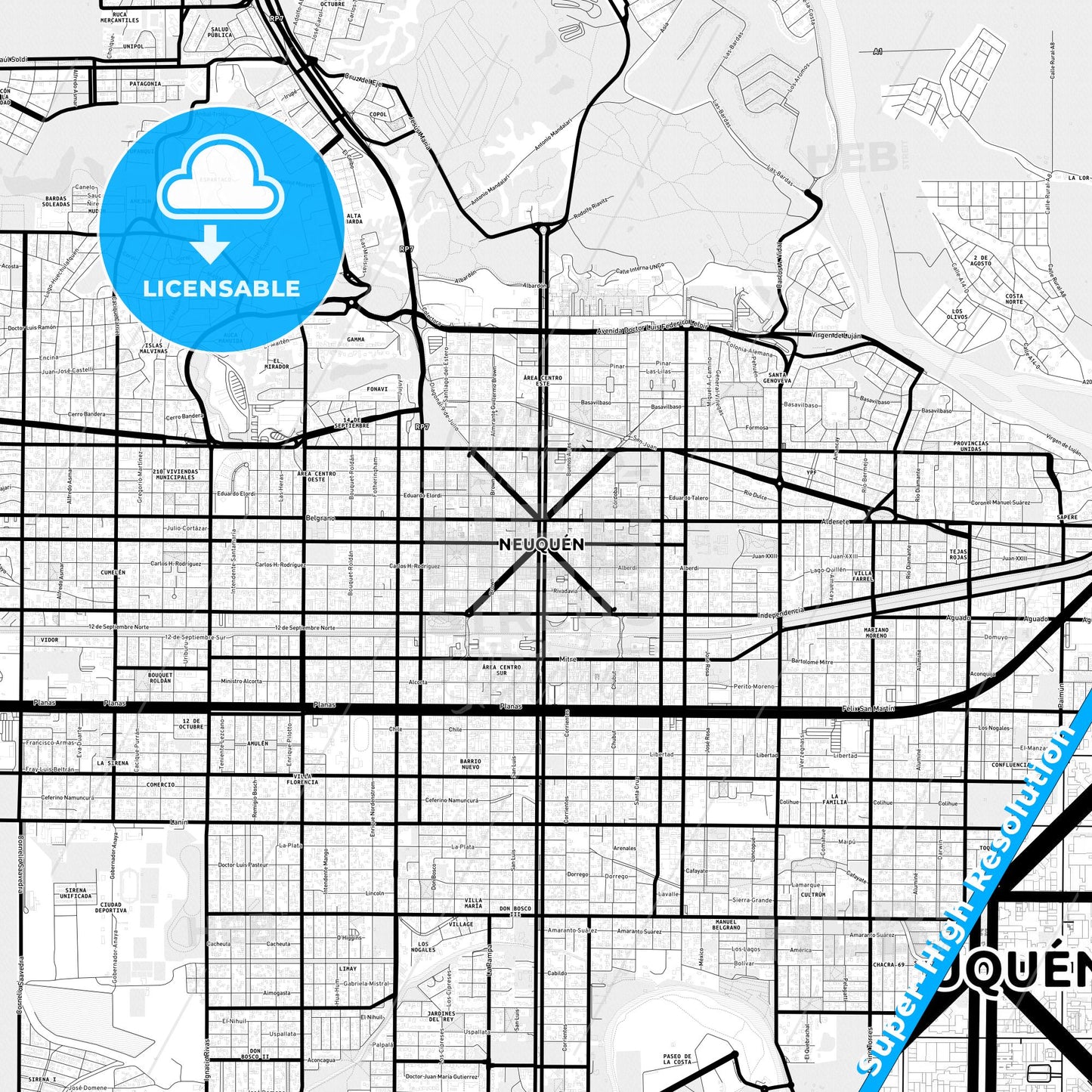 Neuquen, Argentina Light Map with Street Names, City Names, and Districts