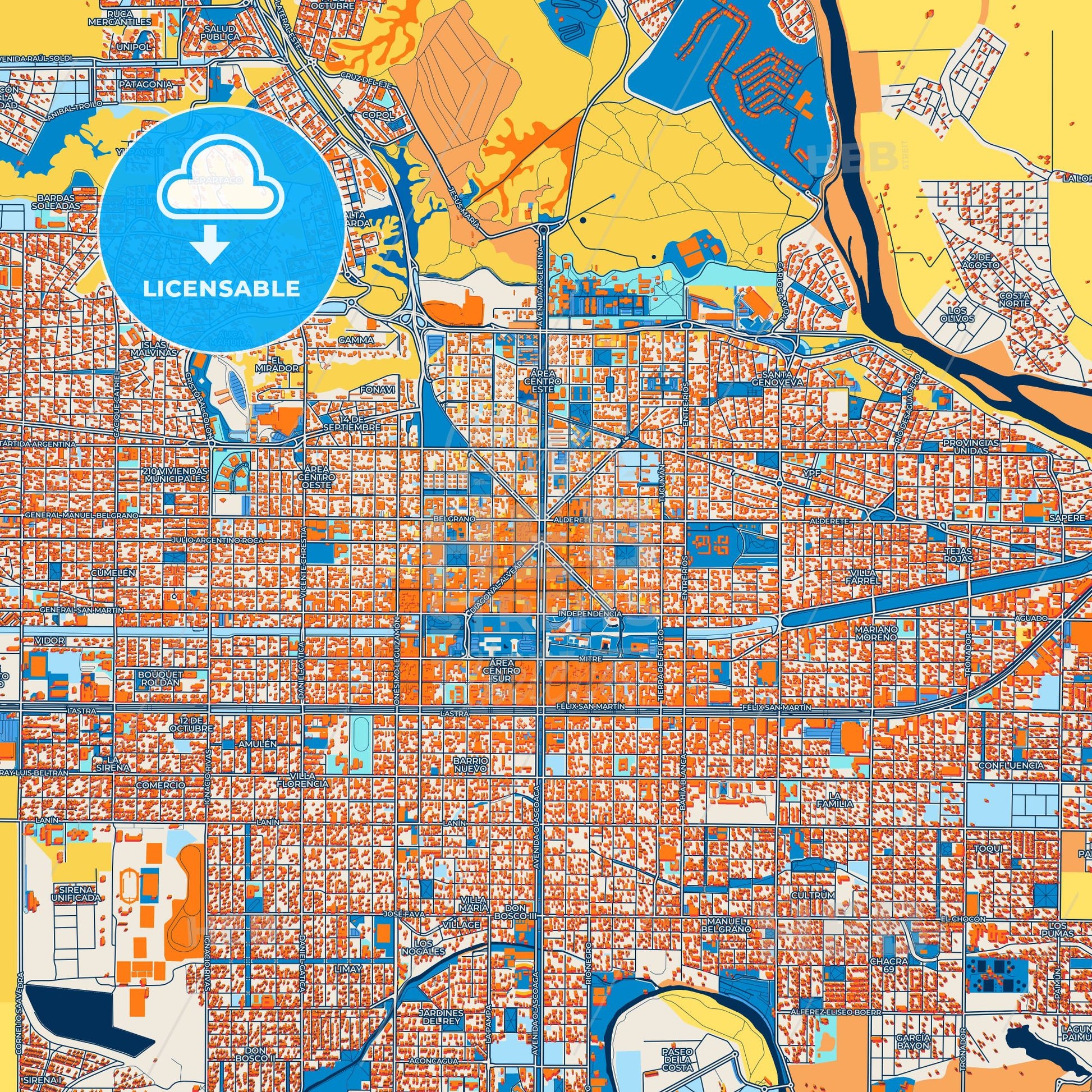 Colorful Neuquen Street Map with Labels and Buildings