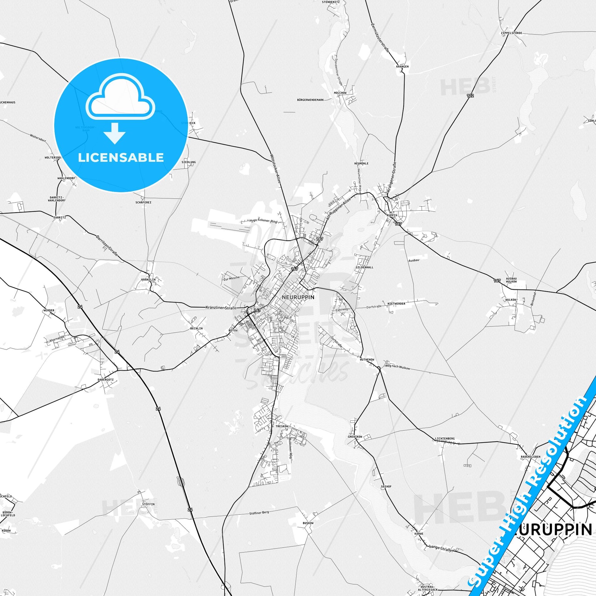 Neuruppin, Germany light map with streetnames, citynames and districts