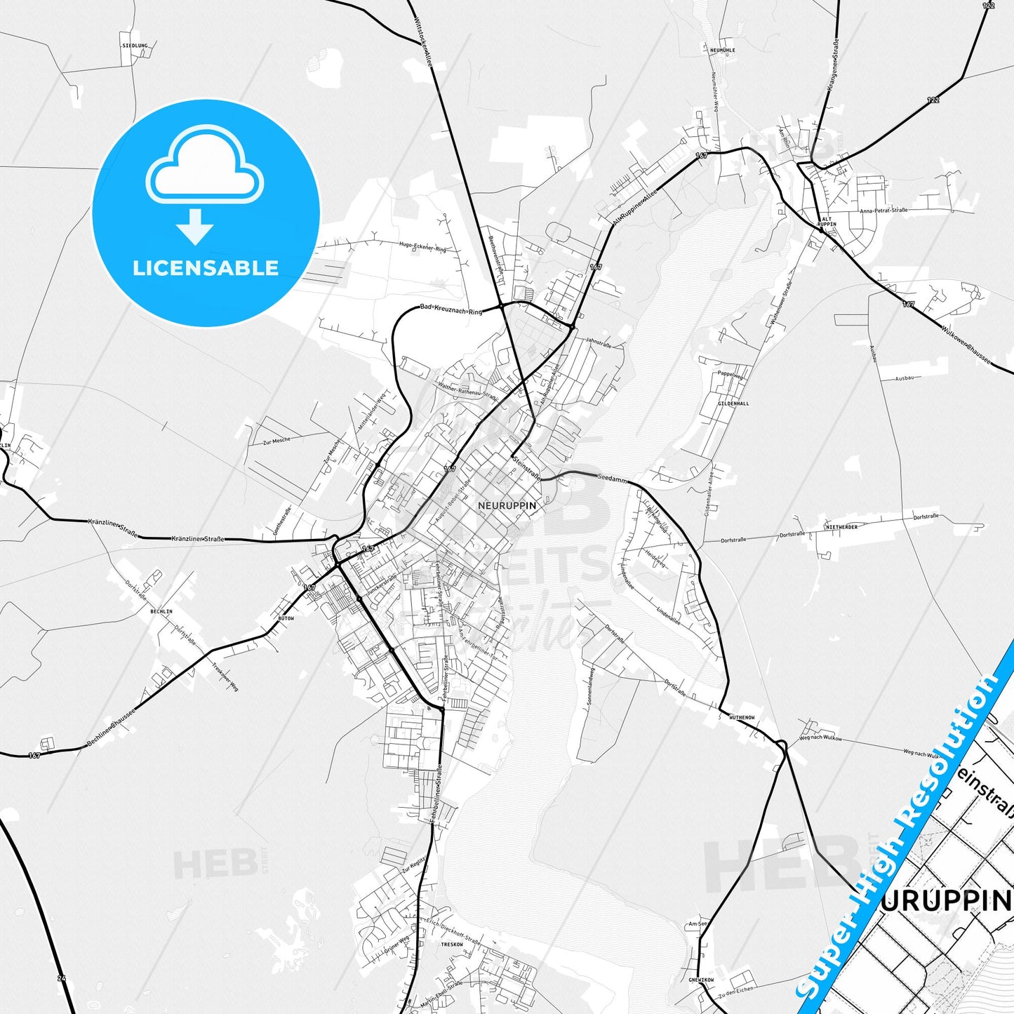 Neuruppin, Germany Light Map with Street Names, City Names, and Districts
