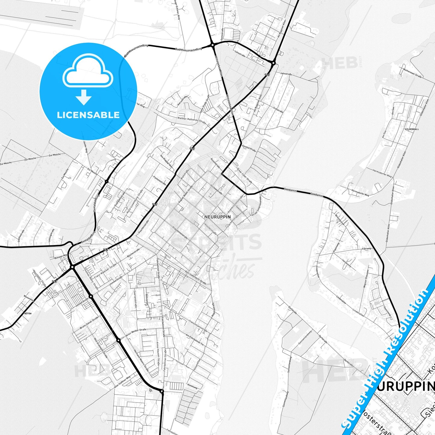 Neuruppin, Germany Light Map with Street Names, City Names, and Districts