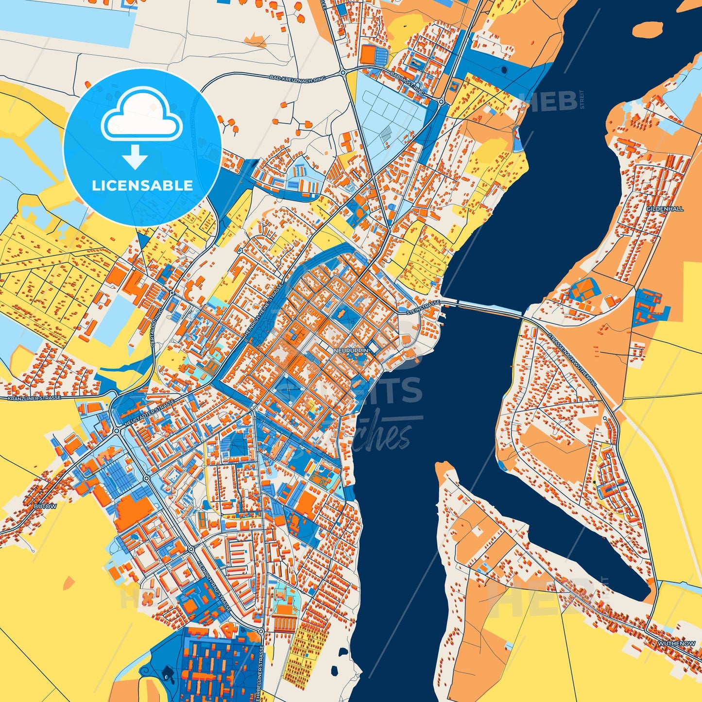Colorful Neuruppin Street Map with Labels and Buildings