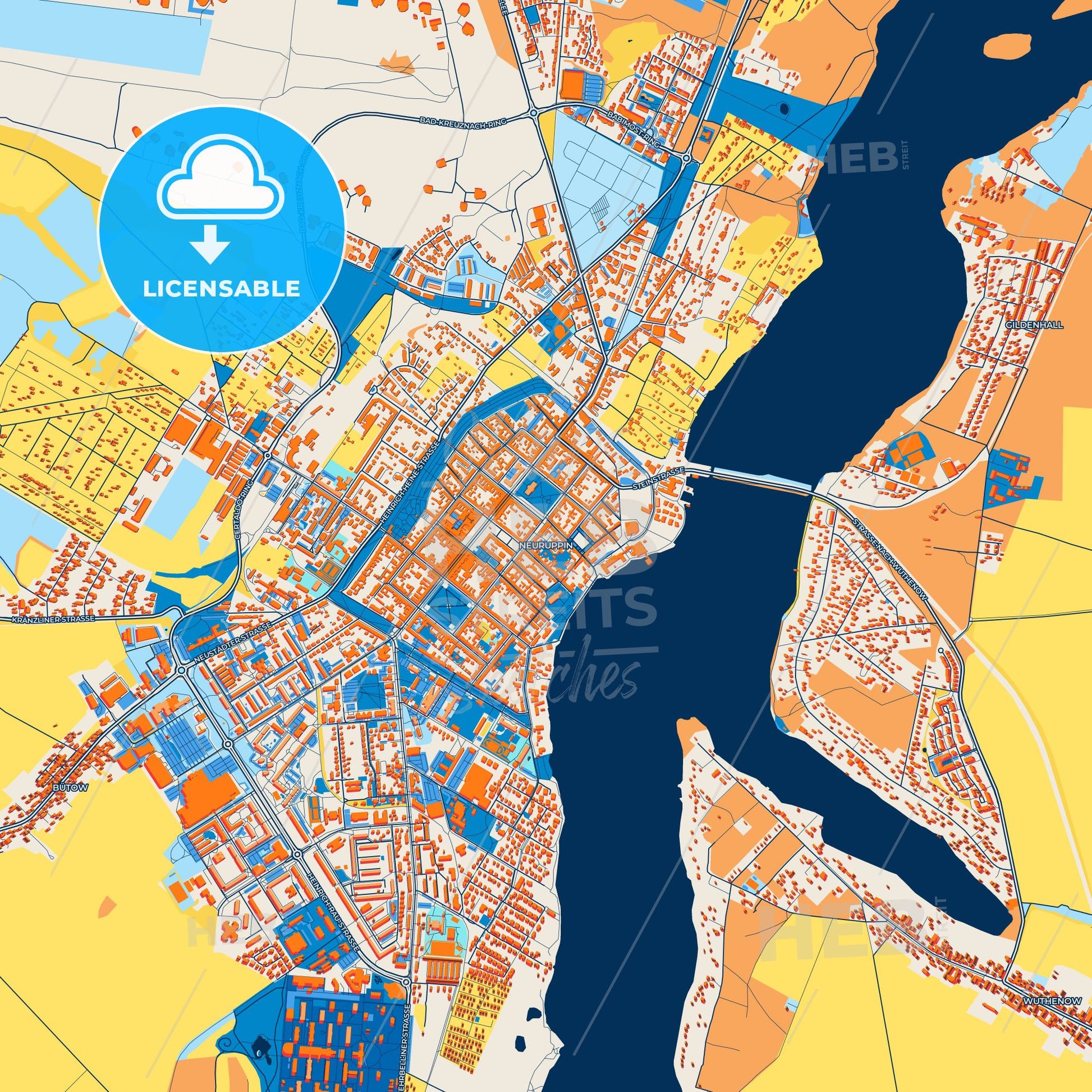 Colorful Neuruppin Street Map with Labels and Buildings