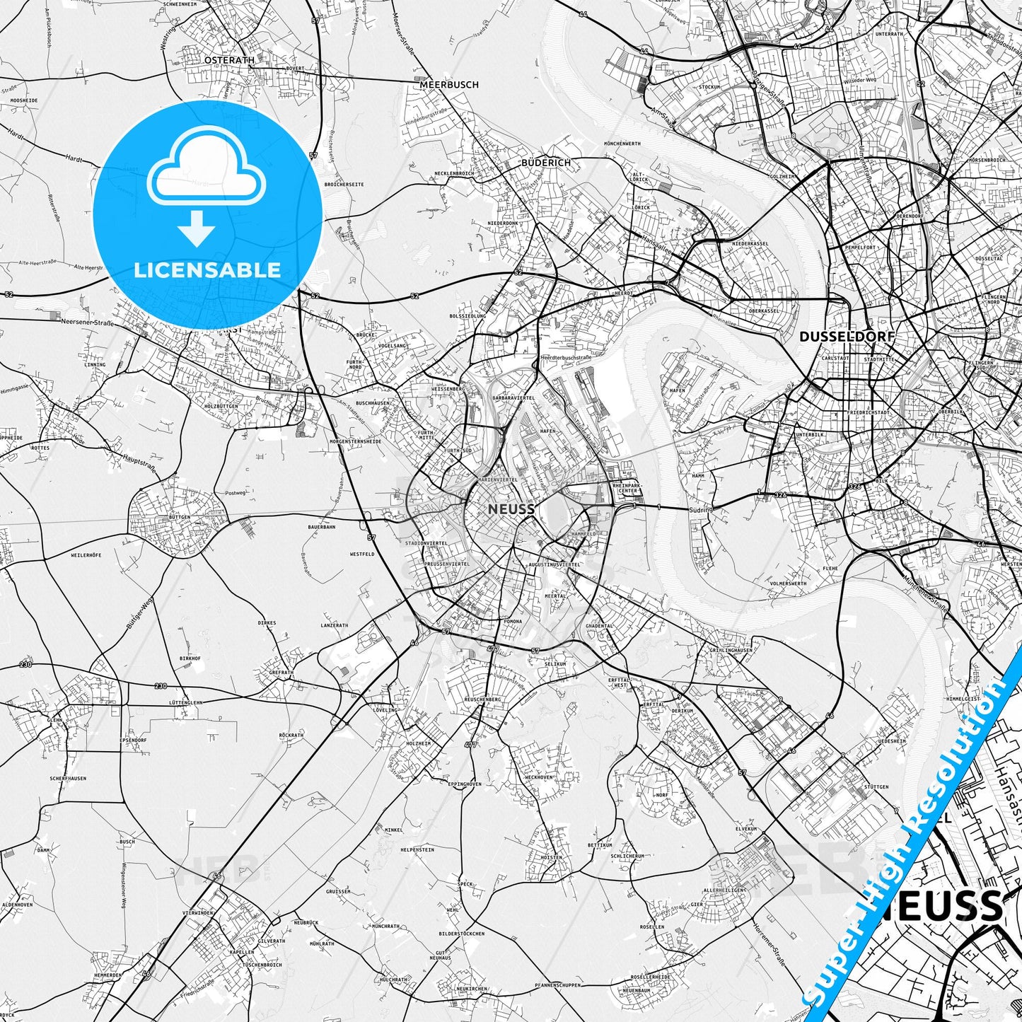 Neuss, Germany light map with streetnames, citynames and districts