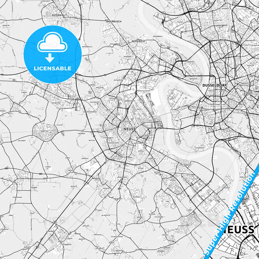 Neuss, Germany light map with streetnames, citynames and districts