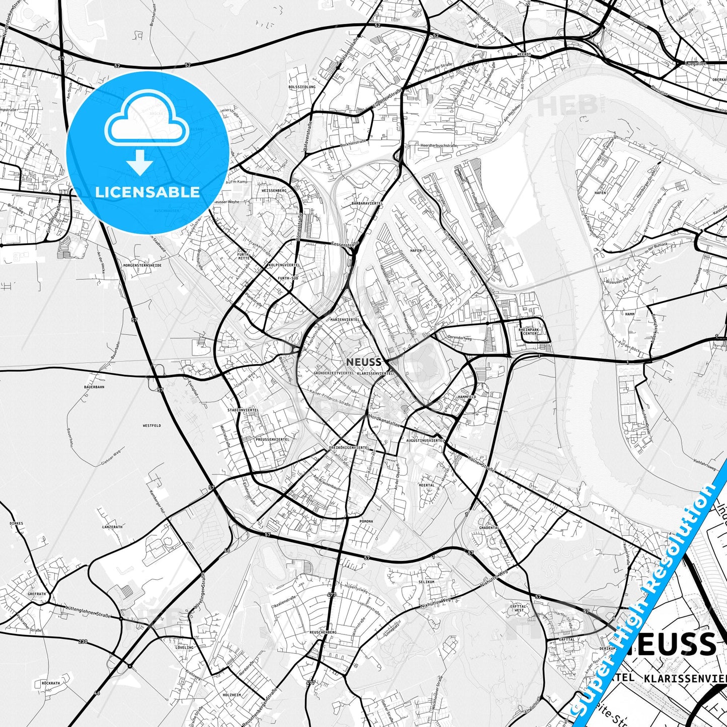 Neuss, Germany Light Map with Street Names, City Names, and Districts
