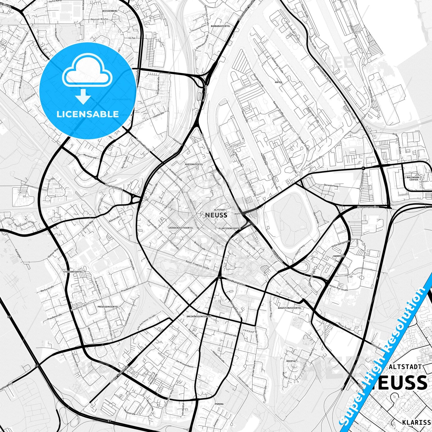 Neuss, Germany Light Map with Street Names, City Names, and Districts